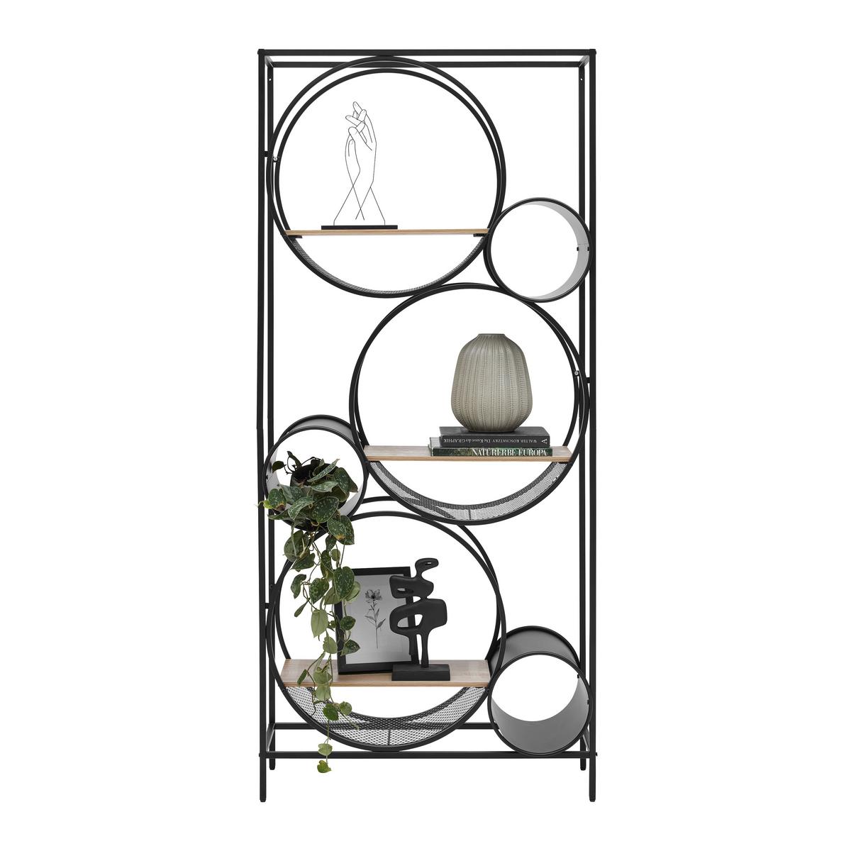 Regál CIRCLE černá/přírodní - černá/přírodní barvy, Moderní, kov/kompozitní dřevo (84/186/30cm) - Premium Living