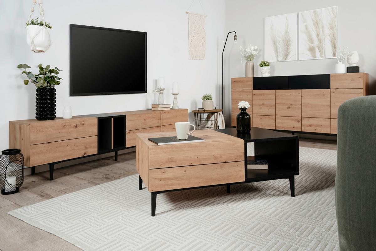 TV-Element Nola B: 195 cm Eiche Dekor/Schwarz - Eichefarben/Schwarz, KONVENTIONELL, Holzwerkstoff (195/48/37cm) - MID.YOU