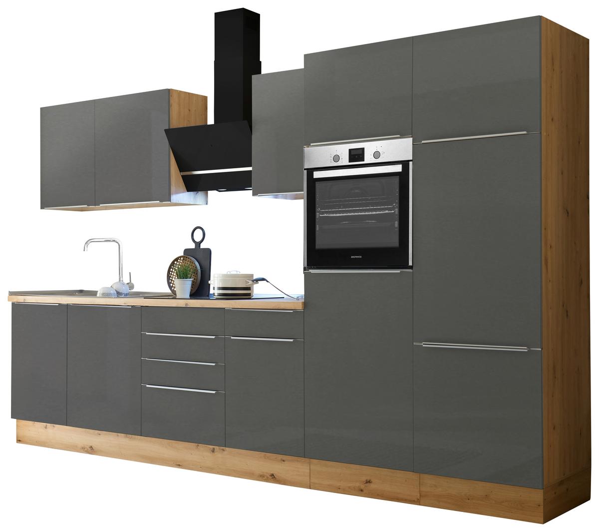 Küchenzeile mit Geräten B: 340 cm Grau/Eiche Dekor - Anthrazit/Eiche Artisan, LIFESTYLE, Holzwerkstoff (340cm) - Respekta