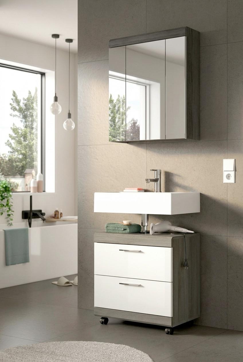 BADEZIMMER Scout Grau/Weiß HG B: 60cm - Weiß Hochglanz/Schwarz, Trend, Glas/Holzwerkstoff (60cm) - MID.YOU