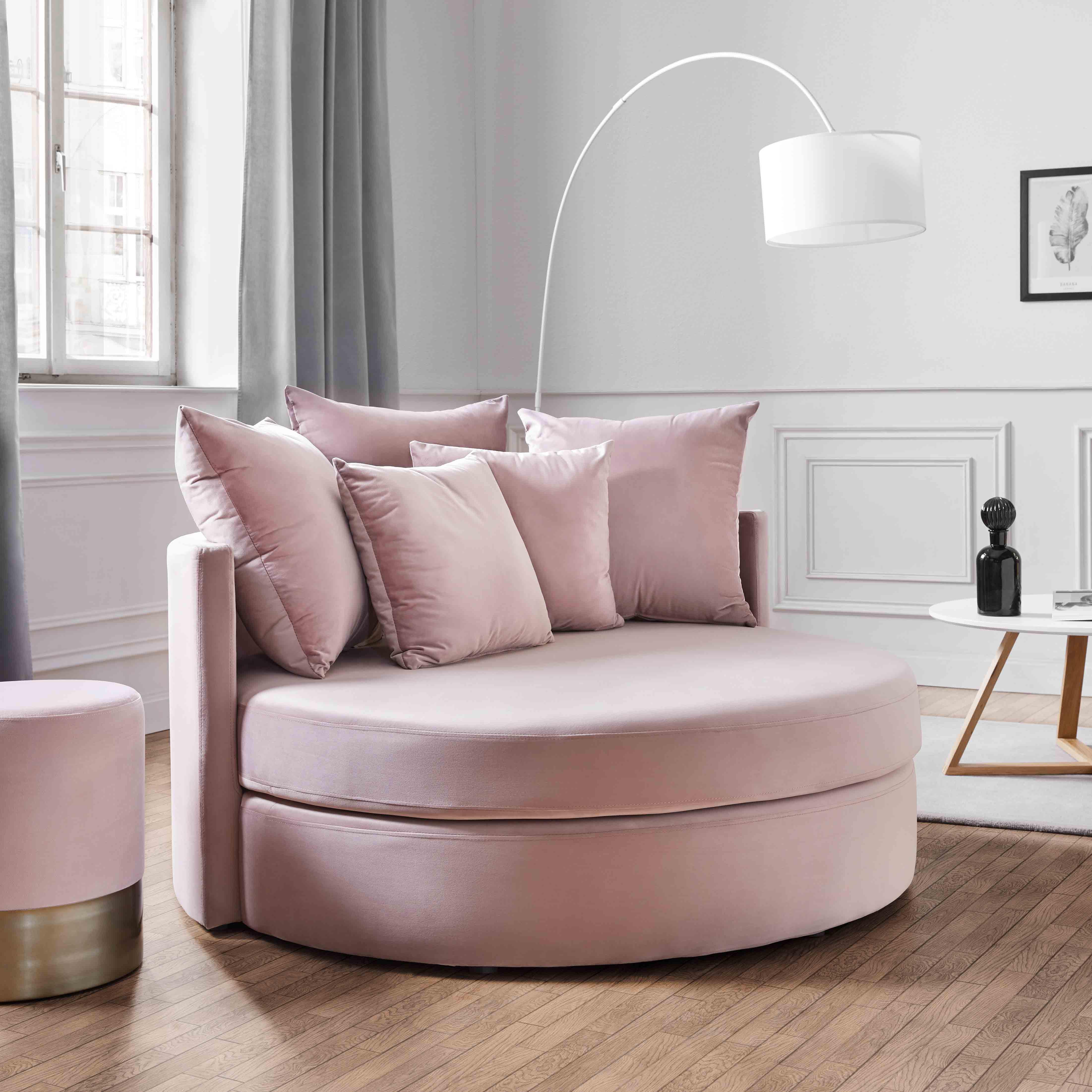 Kulatá pohovka s polštáři ELENA, růžová - růžová/černá, Moderní, dřevo/textil (130/65/140cm) - Bessagi Home