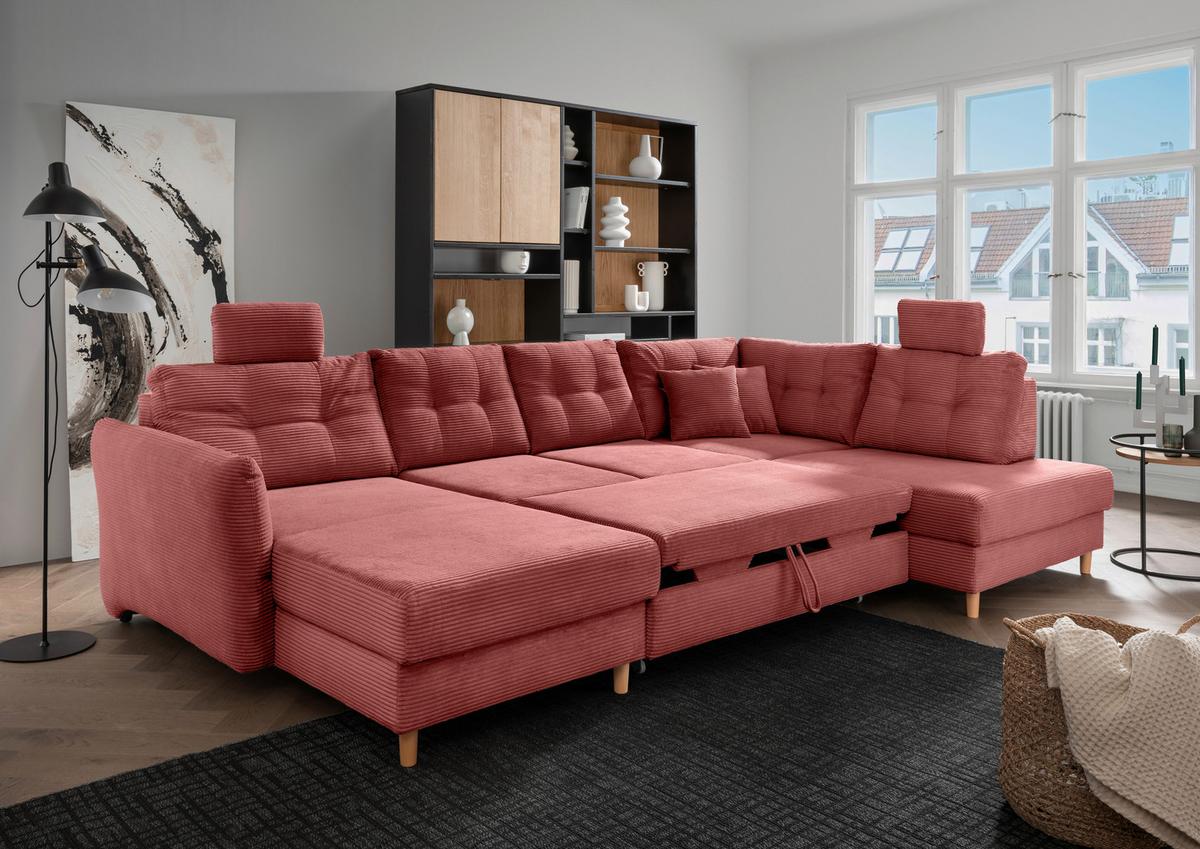 Wohnlandschaft Brizzini mit Schlaffunktion, Koralle - Koralle/Naturfarben, MODERN, Textil (176/338-352/206cm) - Livetastic