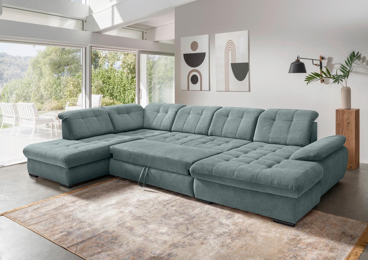 Wohnlandschaft mit Bettkasten Rigatti Blau B: 387 cm - Blau/Schwarz, MODERN, Textil (252/387/184cm) - Livetastic