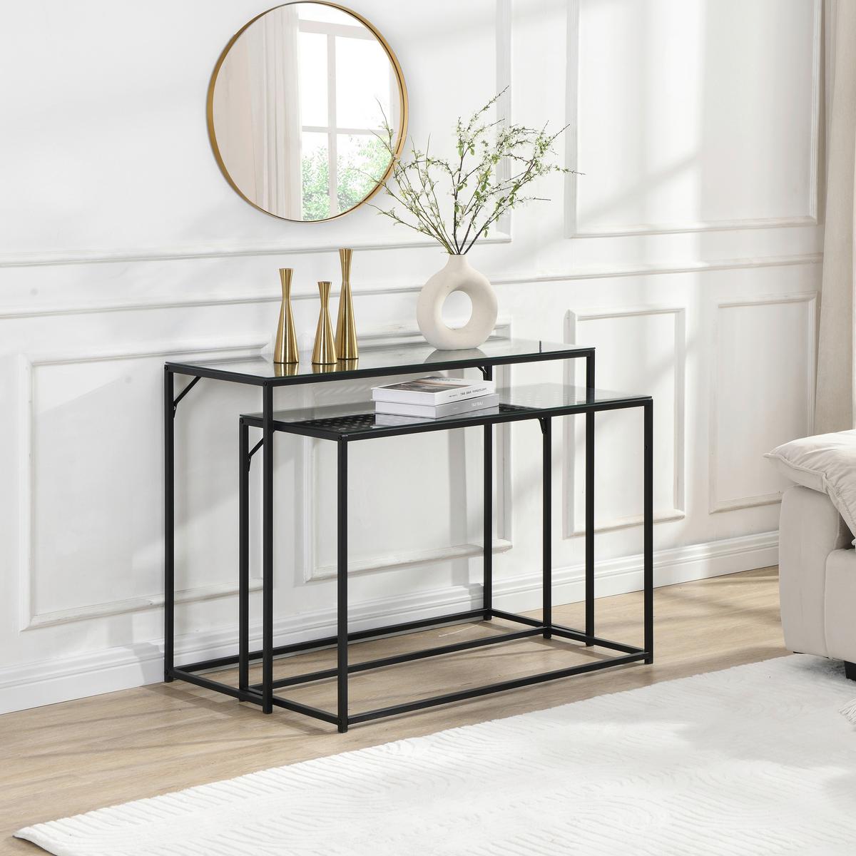 BEISTELLTISCHSET Schwarz B: 100 cm - Schwarz, Design, Glas/Metall (100/40/77cm) - MID.YOU