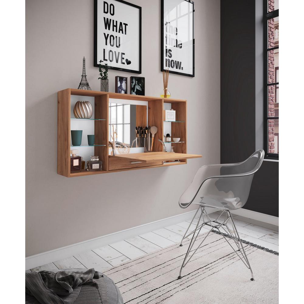 Nástěnný regál se zrcadlem š: 115 cm, dub medový