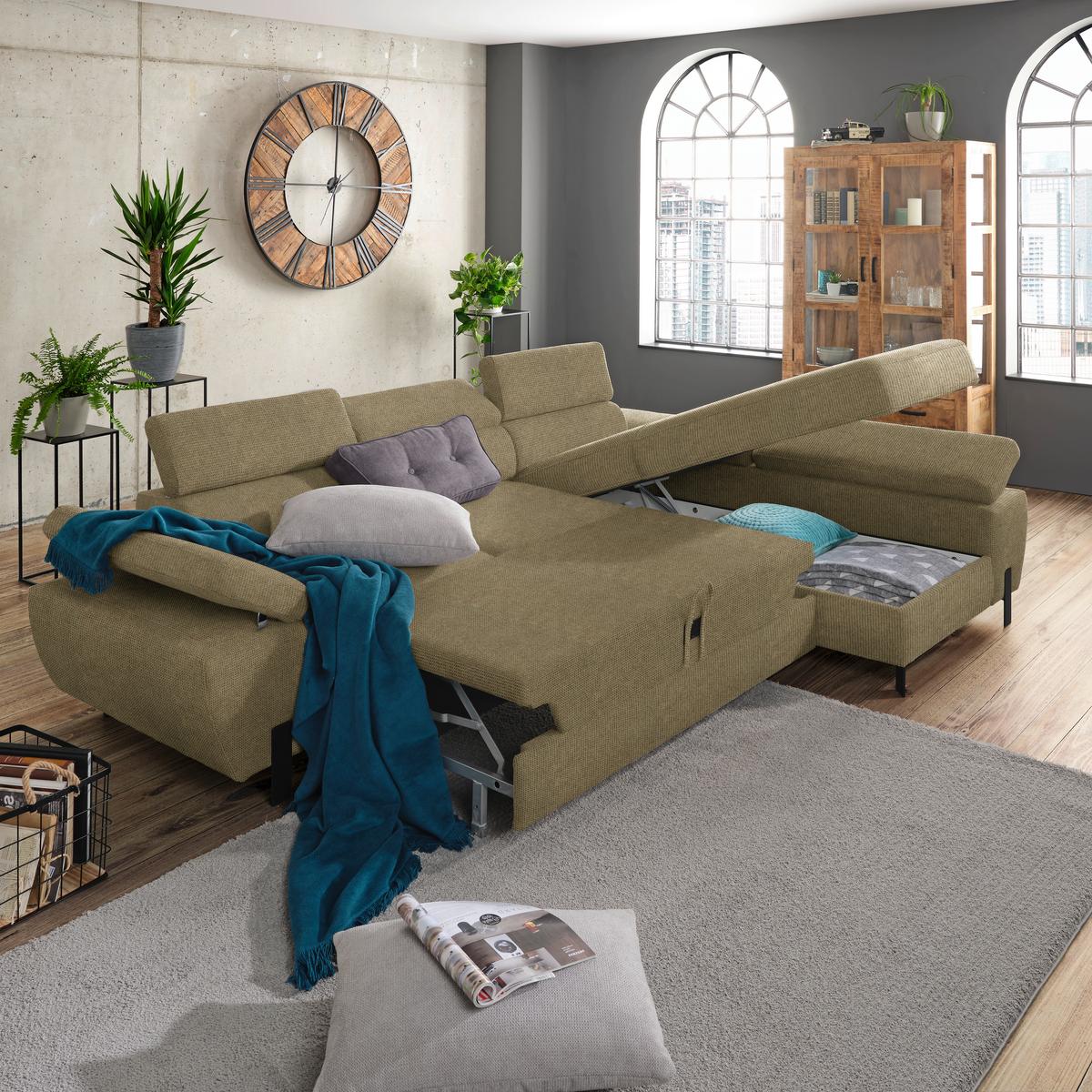 Rohová sedačka MILNA, pravá, olivově zelená - černá/olivově zelená, Moderní, kov/dřevo (277/90/93cm) - Mömax