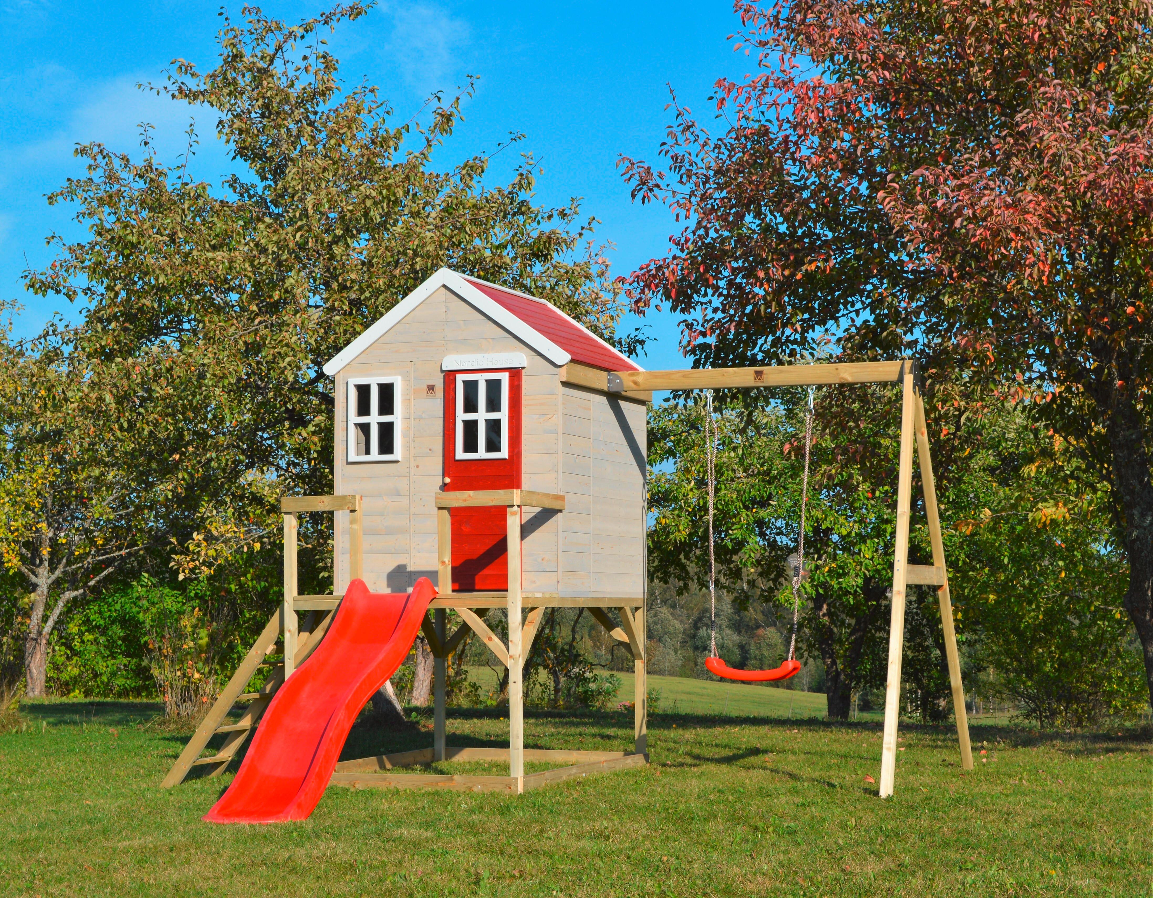 Spielhaus Elefant Naturfarben/Rot, B: 350 cm - Rot/Naturfarben, KONVENTIONELL, Holz (350/242/290cm)