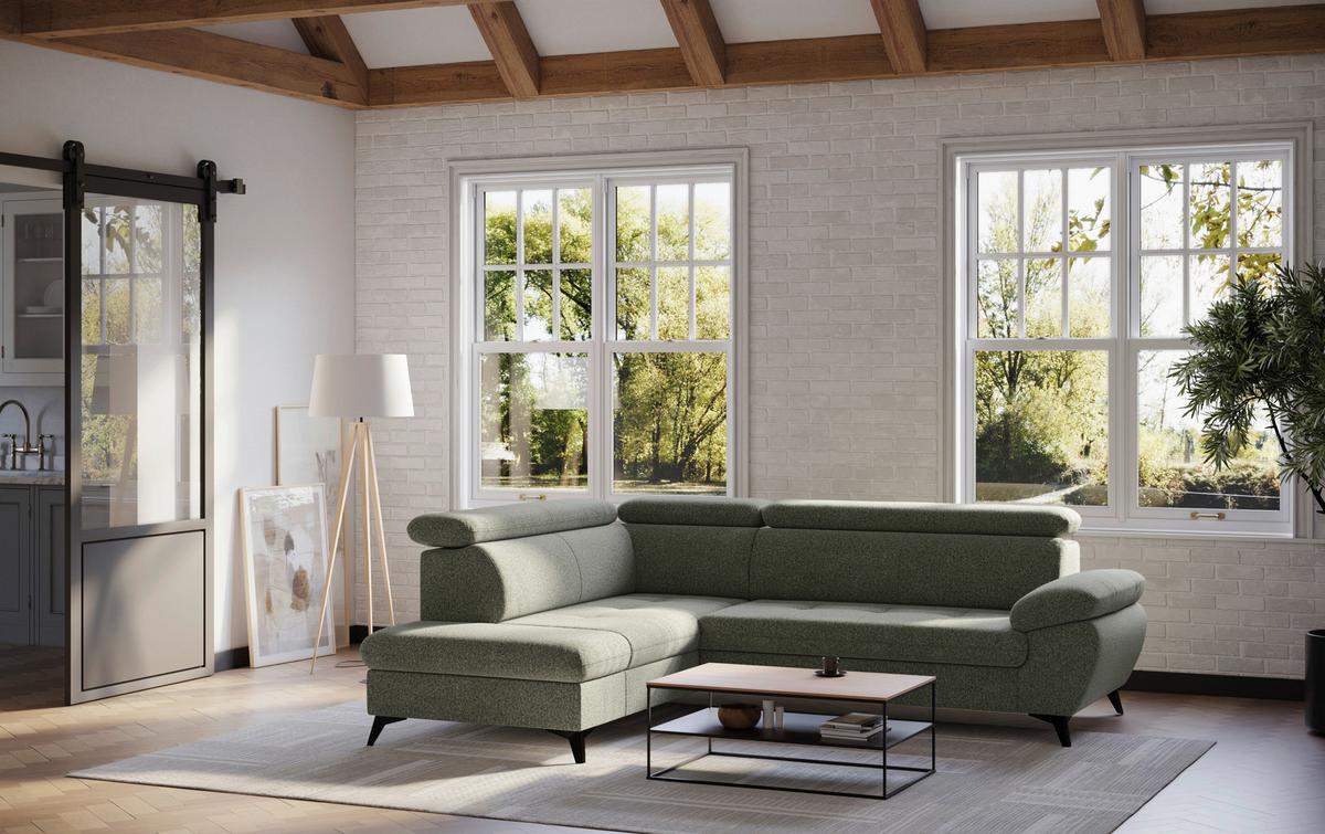 Ecksofa mit Bettfunktion Hudson, Chenille Dunkelgrün - Dunkelgrün/Schwarz, KONVENTIONELL, Textil (207/256cm) - Sembella