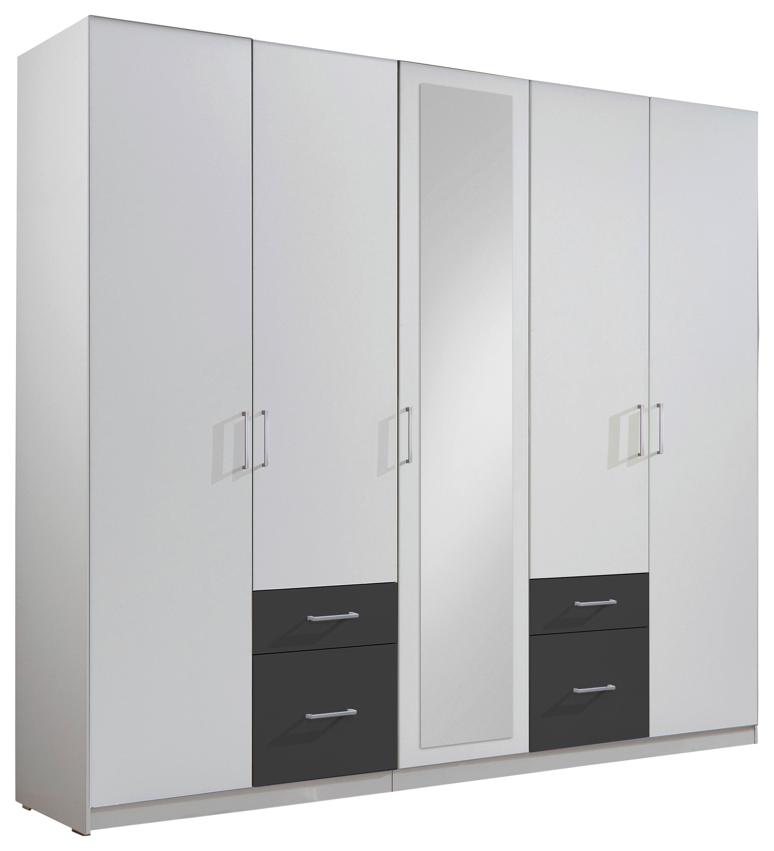 Drehtürenschrank mit Spiegel + Laden 225cm Fly, Weiß/Graphit - Graphitfarben/Weiß, Design, Glas/Holzwerkstoff (225/210/58cm) - MID.YOU