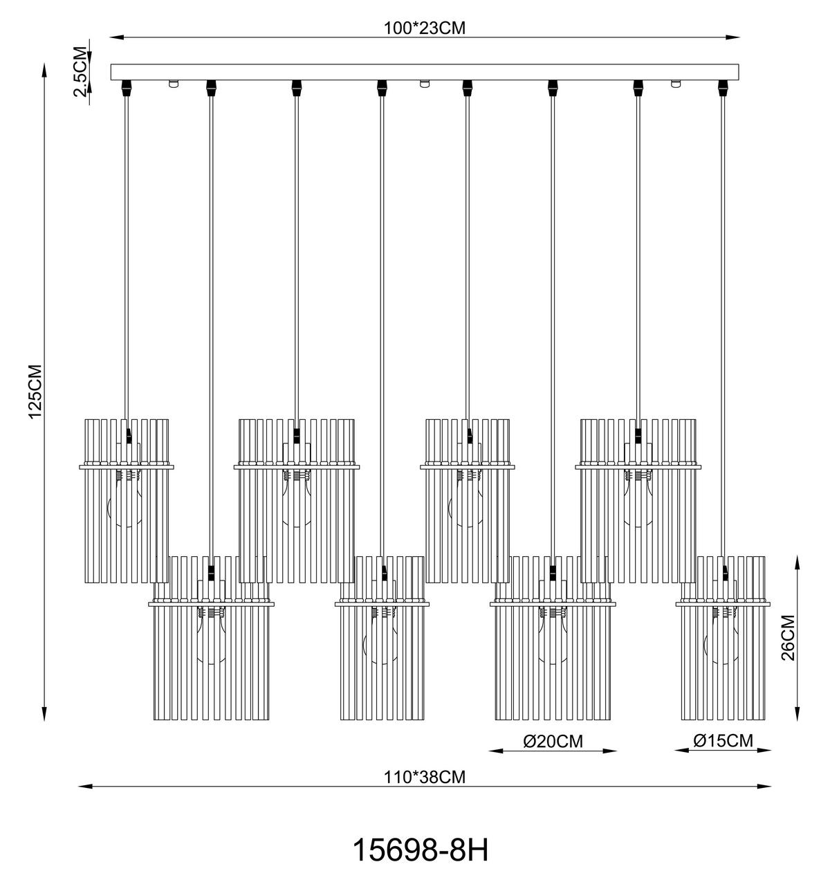 HÄNGELEUCHTE Exkl. 8xE27 60W - Schwarz/Grau, Basics, Glas/Kunststoff (110/38/125cm) - Globo