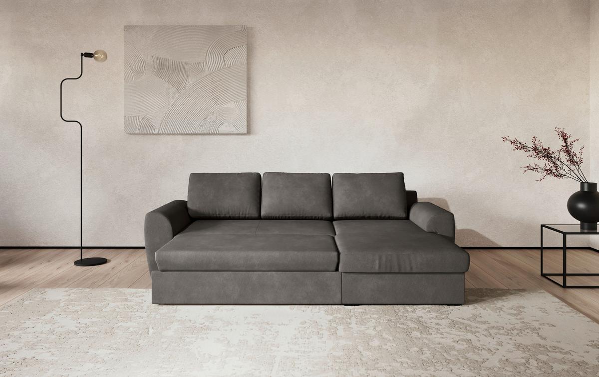 Ecksofa mit Bettfunktion Mikrofaser grau, B: 253cm - Schwarz/Grau, Trend, Textil (253/154cm) - MID.YOU