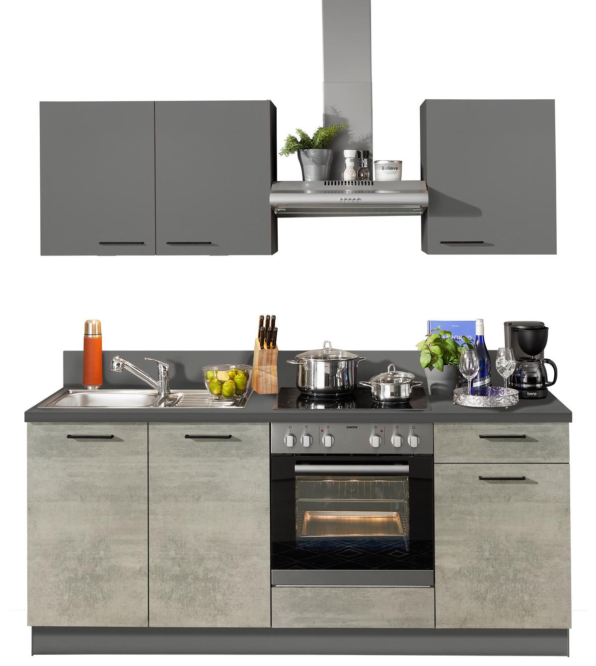 Küchenzeile Base/Win mit Geräte 205 cm Beton Hell/Anthrazit - Design, Holzwerkstoff (205cm) - Express