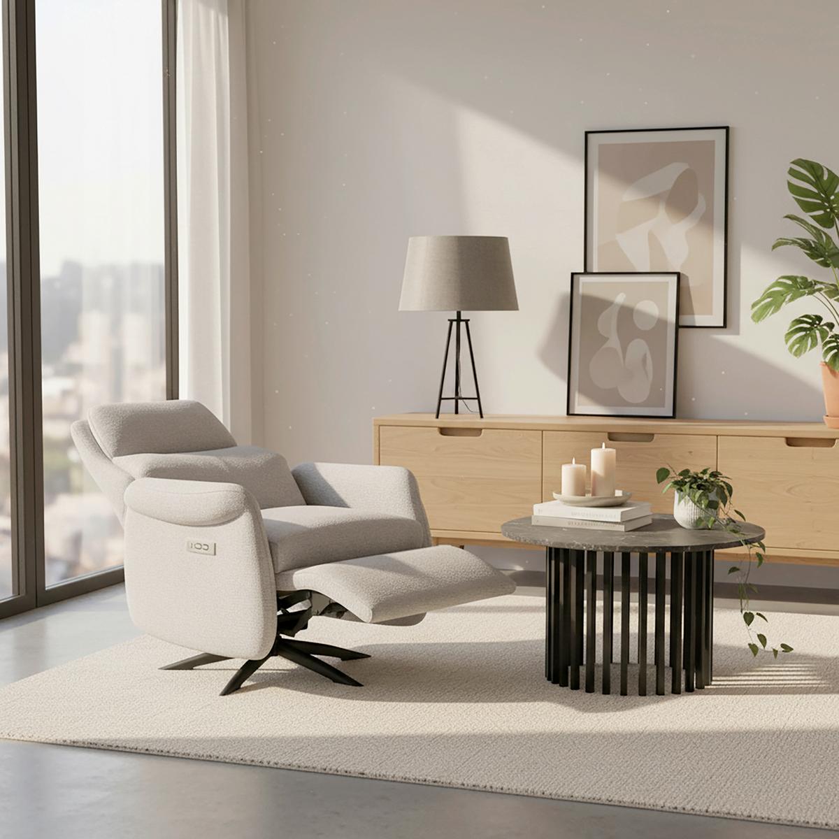 Relaxační křeslo ALICE, světle šedé buklé, max. 140 kg - černá/světle šedá, Moderní, kov/dřevo (76/110/94cm) - Bessagi Home