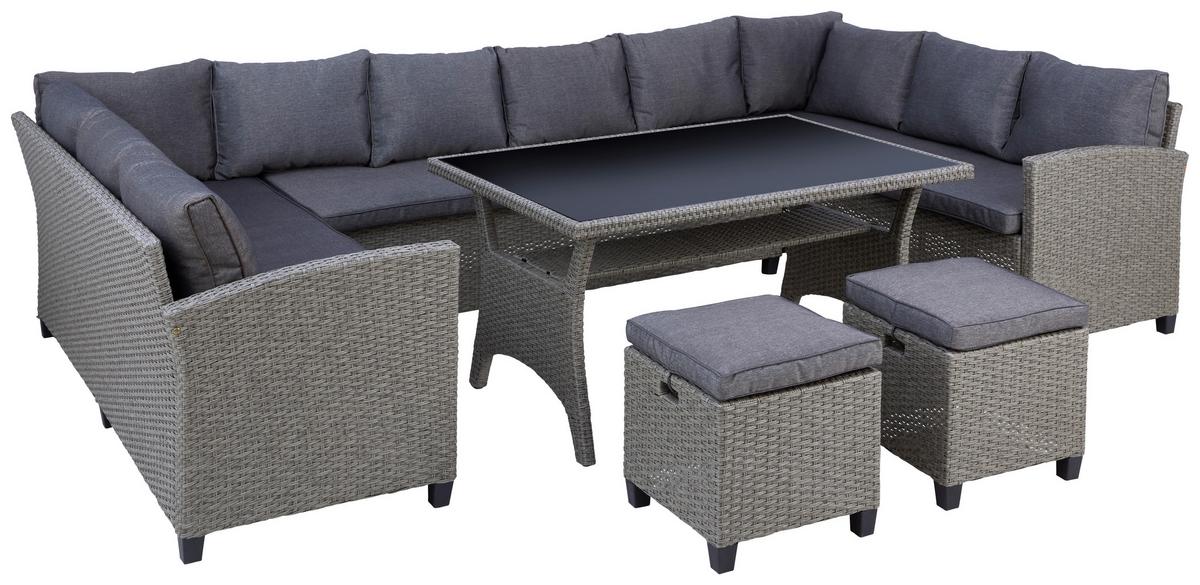Loungegarnitur 6-tlg Athena In Rattan-Optik Mit Kissen - Schwarz/Grau, MODERN, Glas/Kunststoff - Beldano