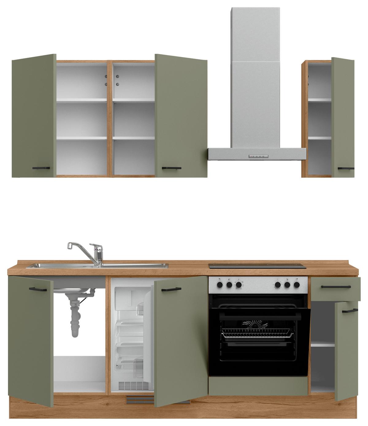Kuchyňská linka 210 cm, olivově zelená - barvy dubu/černá, Moderní, kov/kompozitní dřevo (210cm) - Nobilia