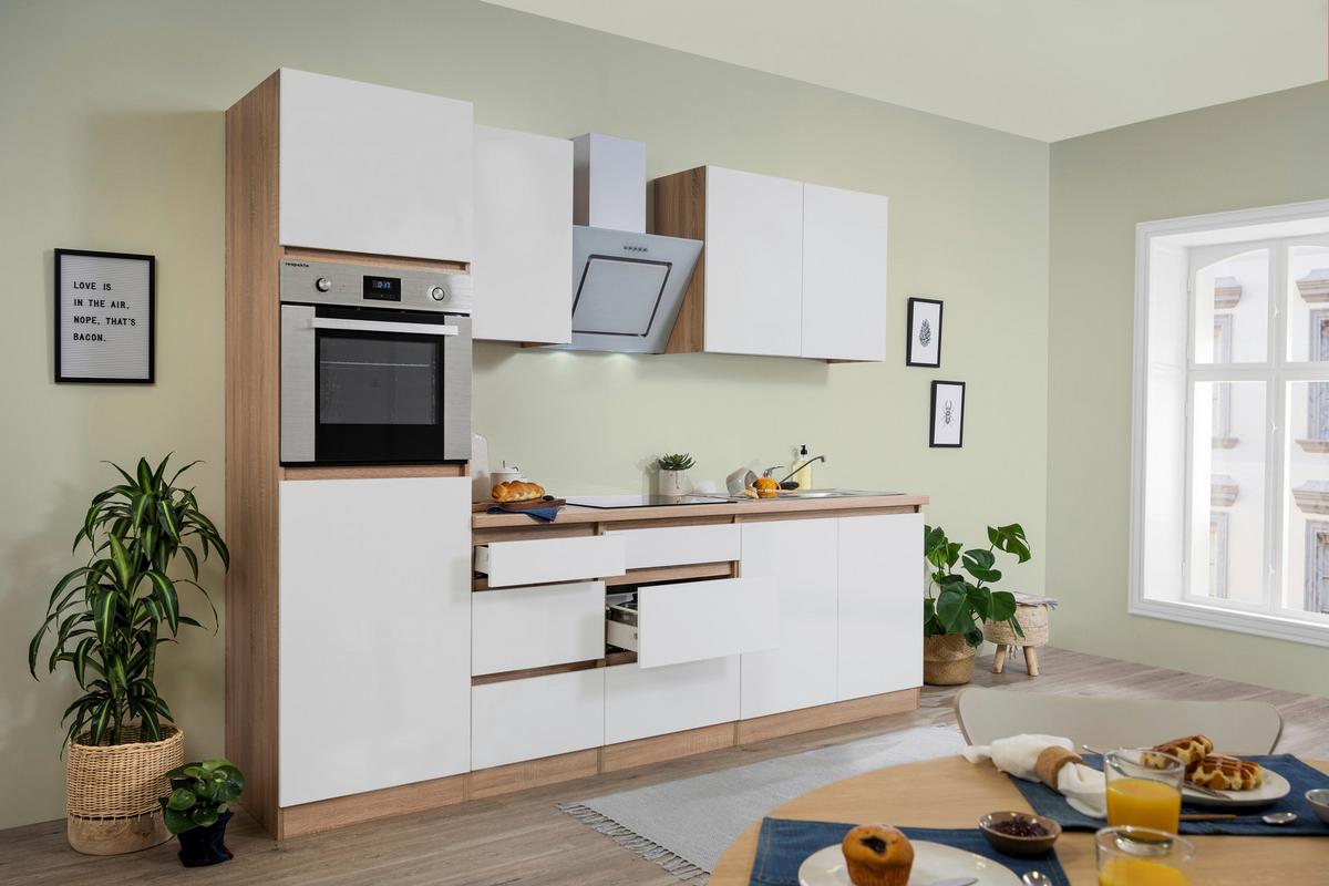 Küchenzeile Premium mit Geräten 270 cm Weiß/Eiche Dekor Modern - Eichefarben/Weiß, MODERN, Holzwerkstoff (270cm) - Respekta