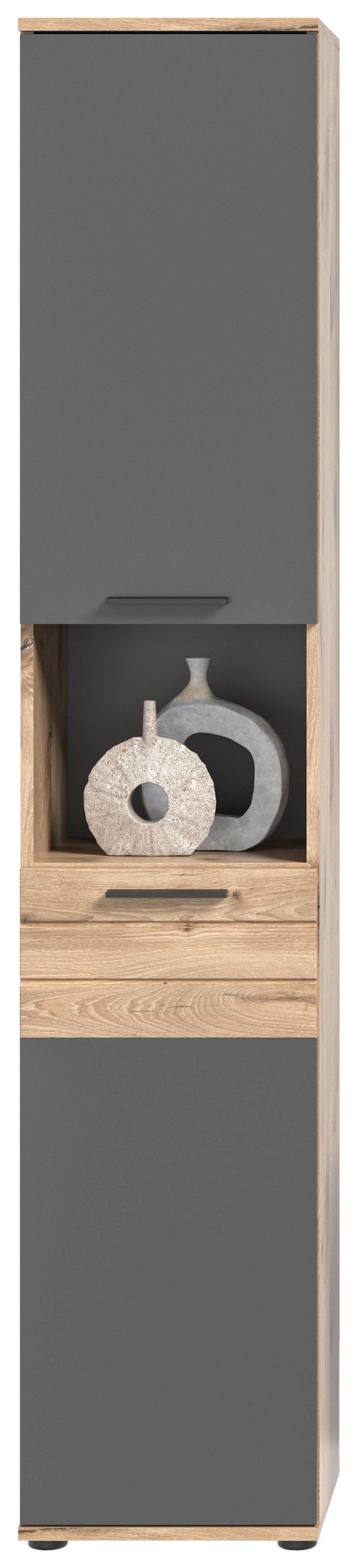Hochschrank Badezimmer in Eiche Dekor und Grau