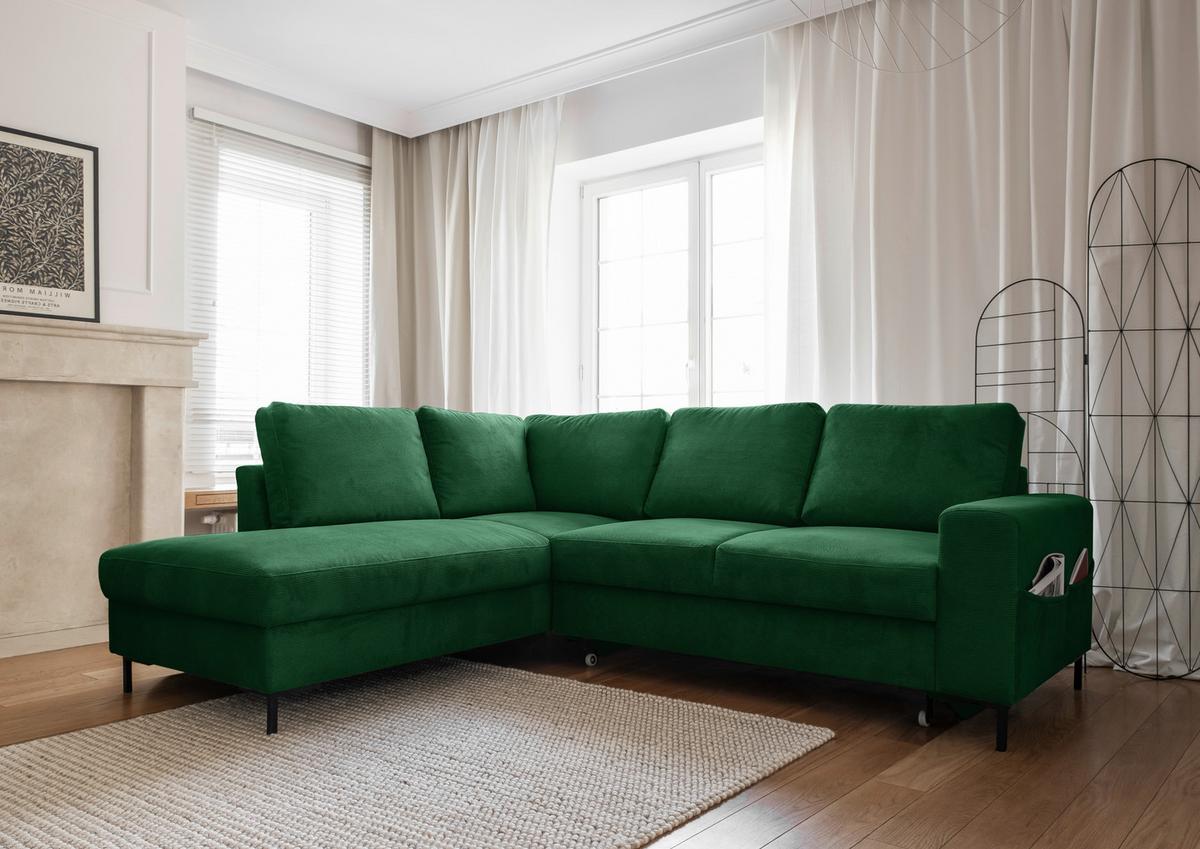 Sedačka LEONIE L, ľavá, smaragdovozelený menčester - čierna/smaragdovozelená, Design, kov/drevo (197/237cm)