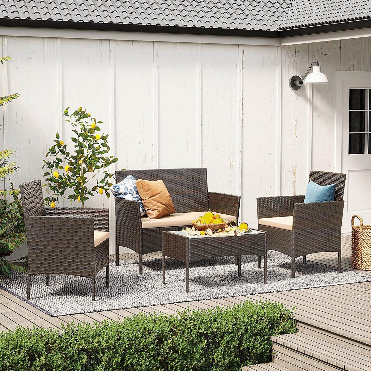 Gartenset 4-tlg. Dunkelbraun Inkl. Tisch Mit Glasplatte - Dunkelbraun/Beige, MODERN, Glas/Kunststoff - Modante