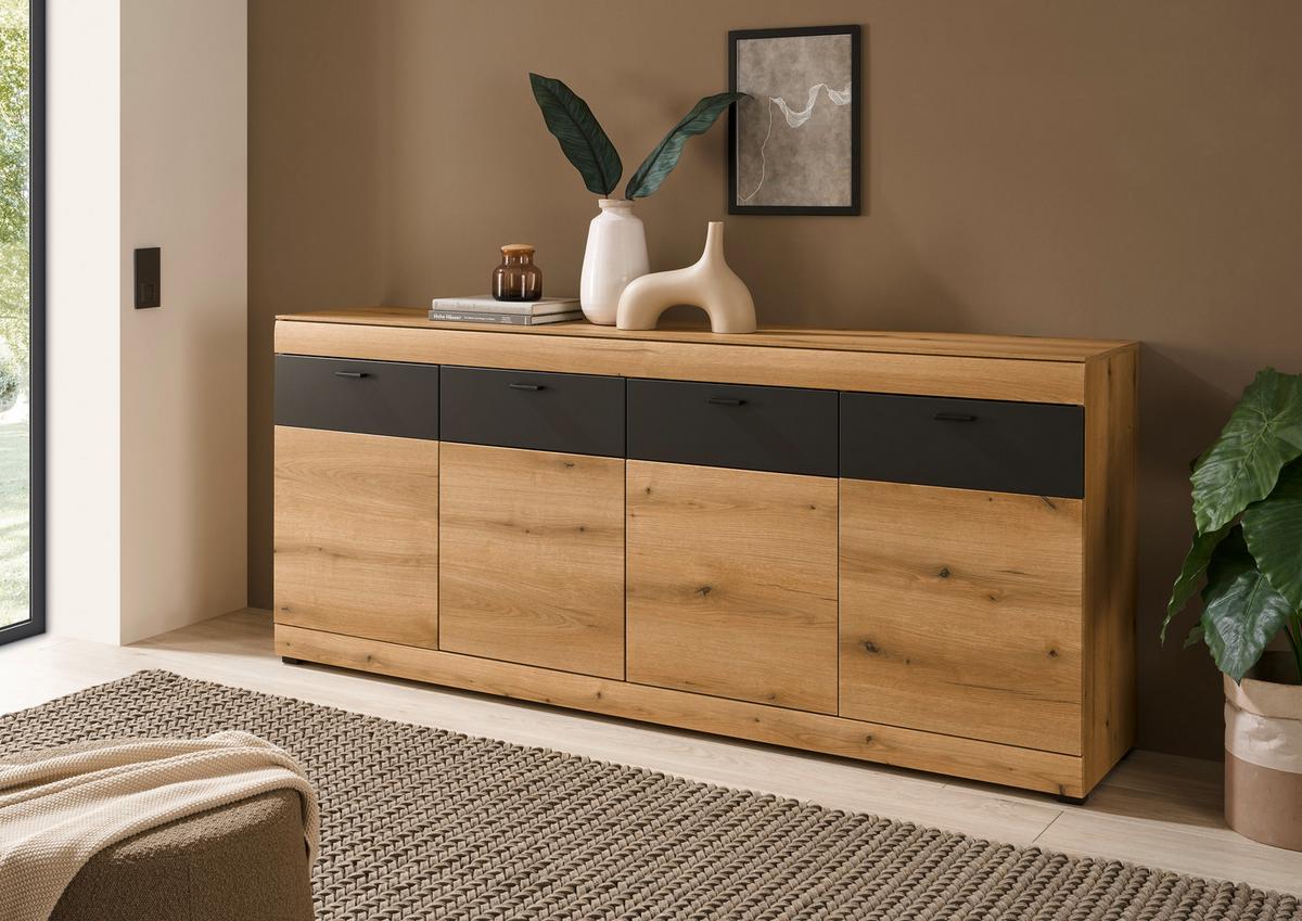 Sideboard Soleto Graphit-/Eichefarben B: 200cm - Eichefarben/Schwarz, Design, Holzwerkstoff (200/87/42cm) - MID.YOU