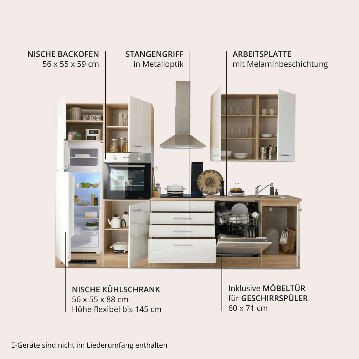 Küchenzeile Laurel ohne Geräte 310 cm Eiche/Weiß Hochglanz - Weiß/Sonoma Eiche, MODERN, Holzwerkstoff (310cm) - MID.YOU