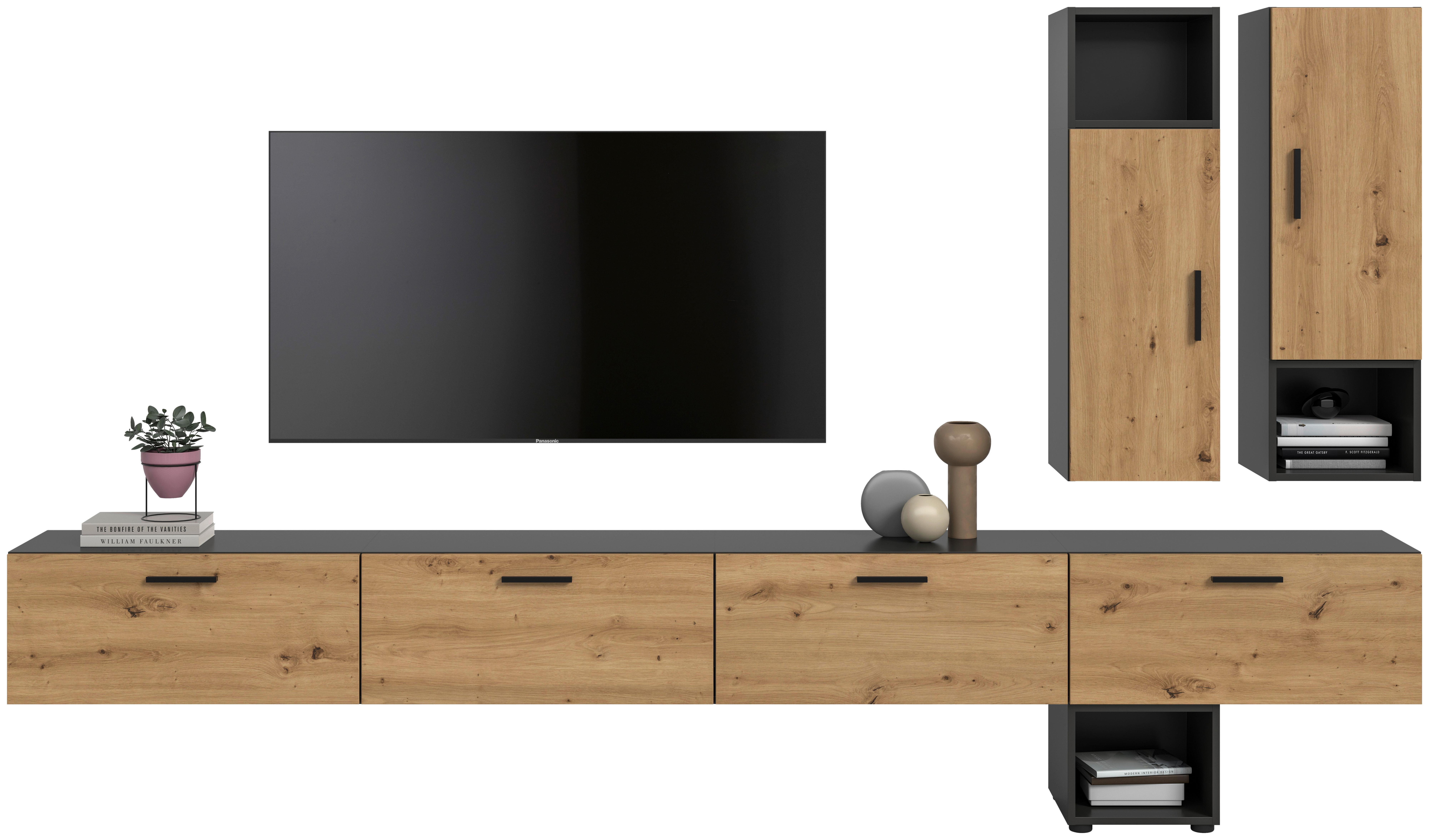 Wohnwand, The One 7, B: 300 cm Artisan Eiche Dekor/Grau - Schwarz/Eiche Artisan, Trend, Holzwerkstoff (300/178/34cm)