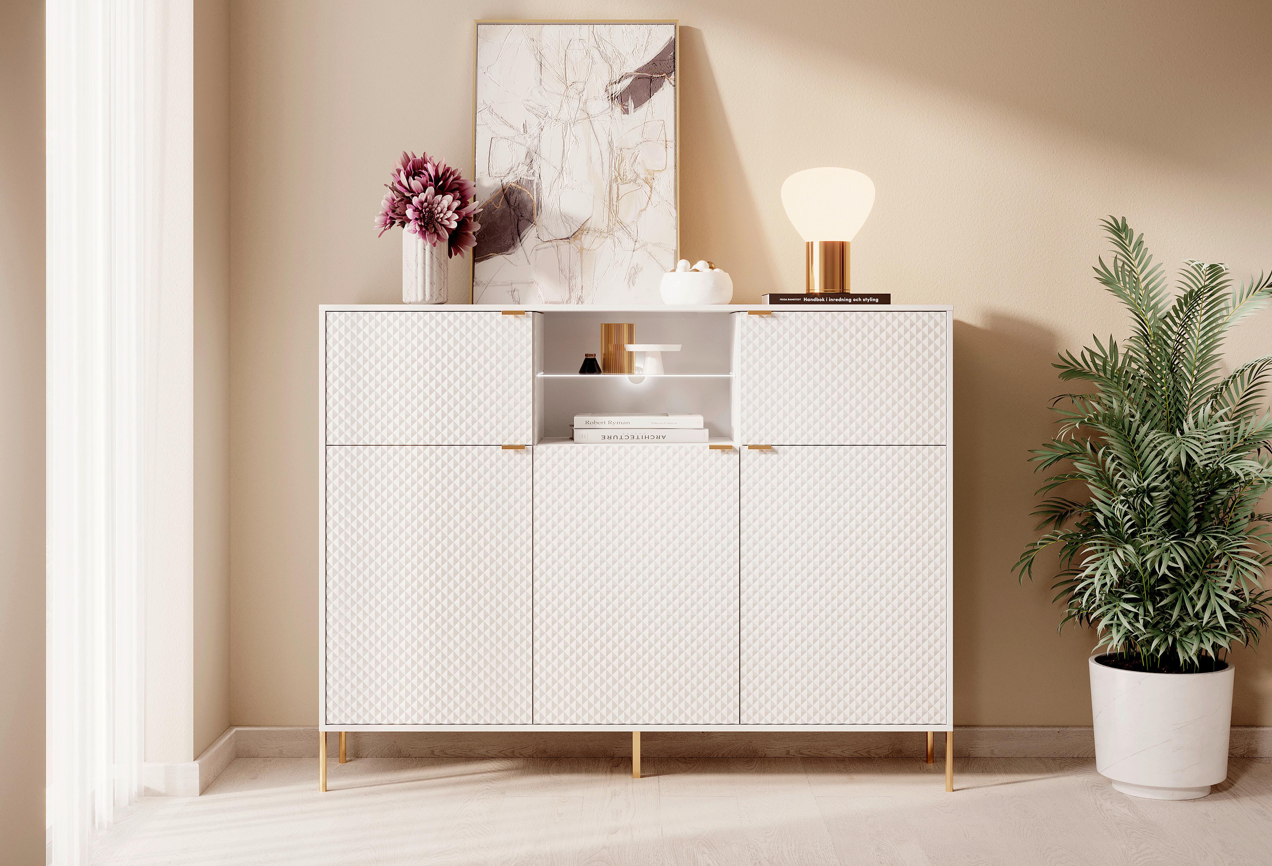 Sideboard Kommode 5d Diamond Di3 - Goldfarben/Weiß, Design, Glas/Holzwerkstoff (154/125,9/42cm) - MID.YOU