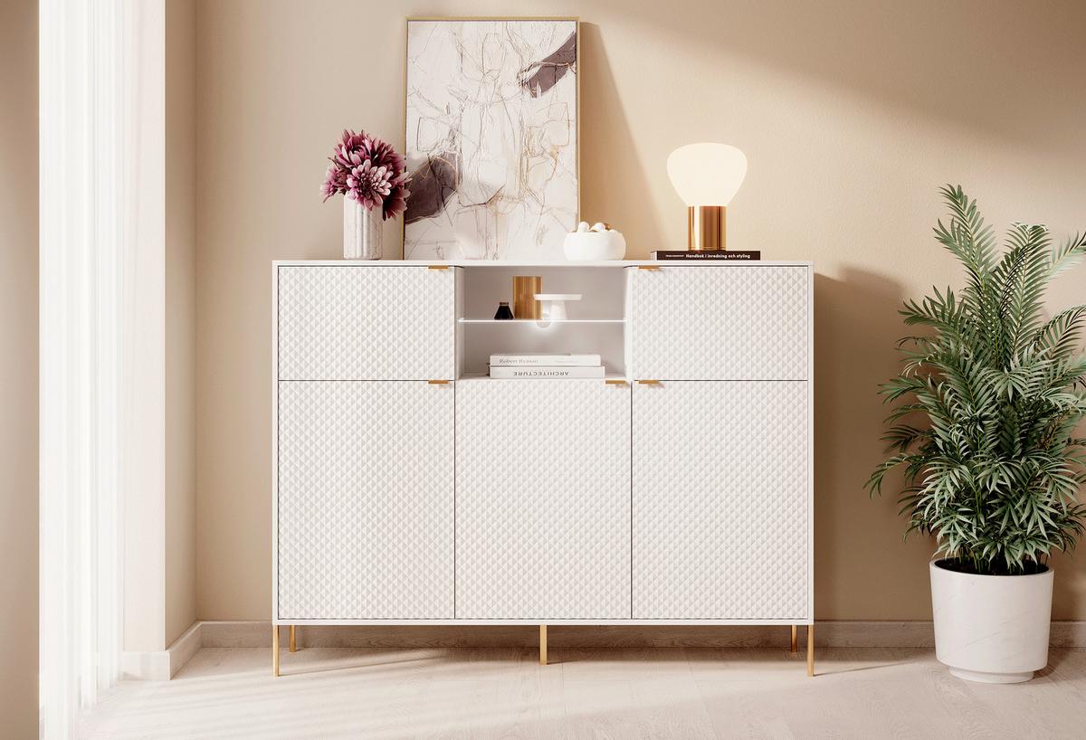 Komoda DIAMOND - biela/zlatá, Design, kov/kompozitné drevo (154/125,9/42cm) - MID.YOU
