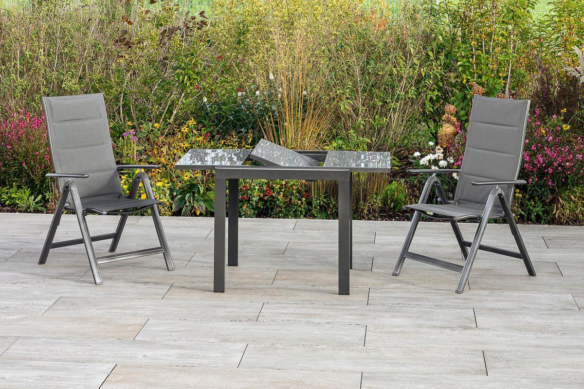 Gartentisch ausziehbar Metall/Glas L 80-120 cm - Graphitfarben, KONVENTIONELL, Glas/Metall (80-120/75,5/70cm) - Gardenson