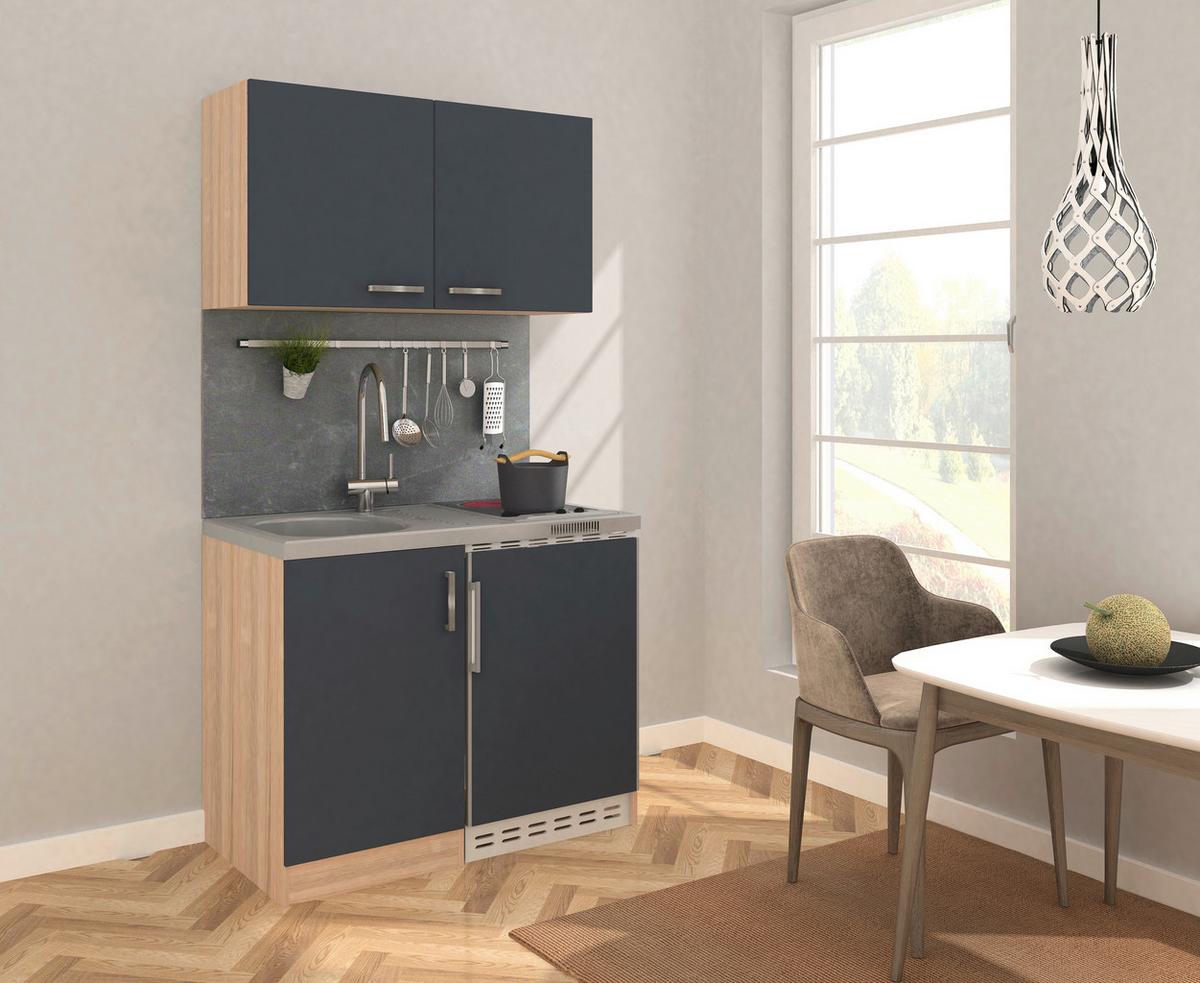 Miniküche M. Kühlschrank + Kochfeld 100 Cm Grau/eiche - Edelstahlfarben/Grau, MODERN, Holzwerkstoff/Metall (100cm) - Respekta