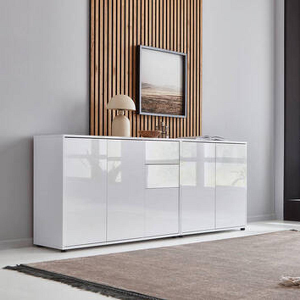 Sideboard Mailand Weiß/weiß Hg B:184,5cm - Weiß Hochglanz/Schwarz, MODERN, Holzwerkstoff (184,5/73/33cm) - MID.YOU