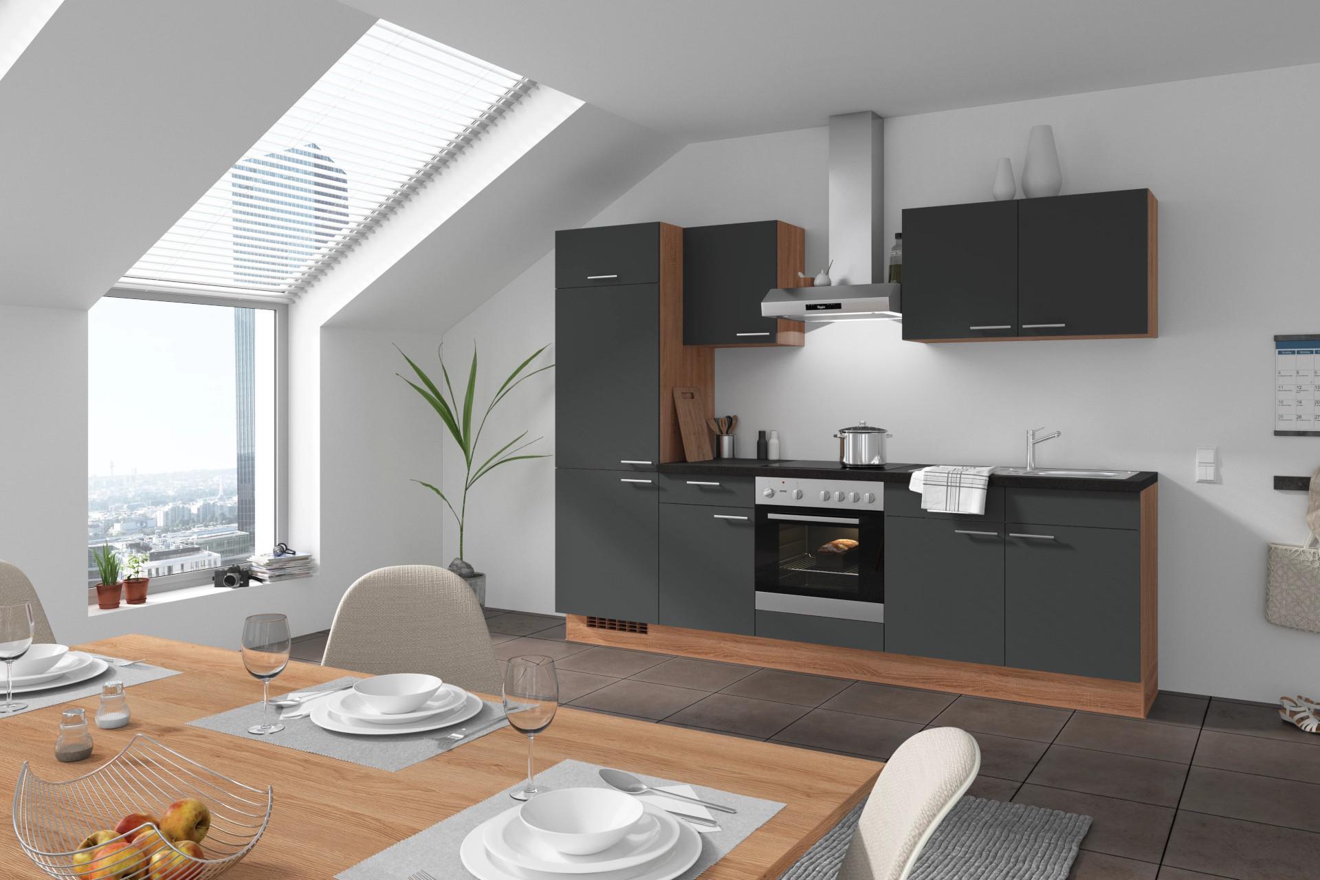 Küchenzeile Pn 80 mit Geräten 270 cm Graphit/Sonoma Eiche - Graphitfarben/Grau, MODERN, Holzwerkstoff/Kunststoff (270cm) - Pino