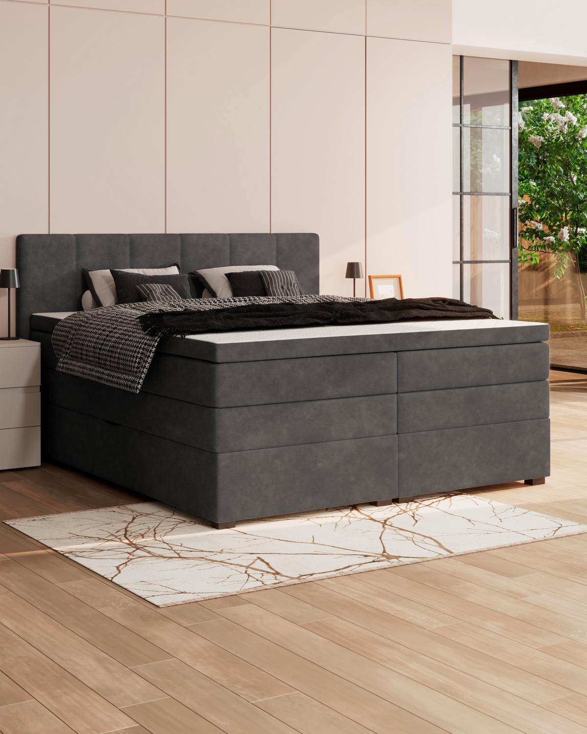 Boxspringbett mit Topper & Bettkasten 160x200 Lauro - Anthrazit/Schwarz, Trend, Textil (160/200cm)