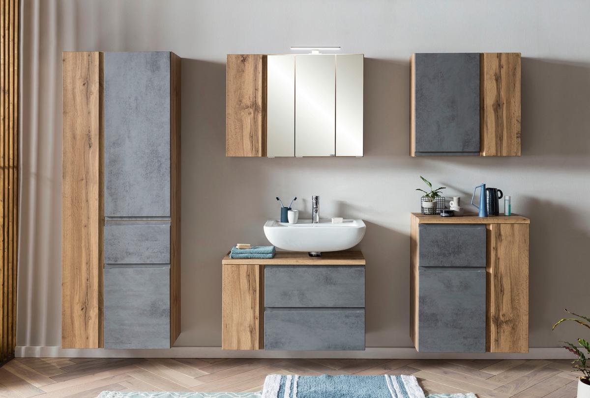 Badezimmer Hochschrank Varese BxH 65x180cm Grau/ Eiche Dekor - Eiche Wotan/Hellgrau, MODERN, Holzwerkstoff (65/180/35cm) - Held