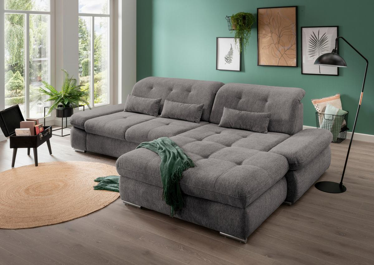 Ecksofa mit Schlaffunktion Dalida Graubraun Chenille - Chromfarben/Graubraun, Design, Textil (300/196cm) - Livetastic