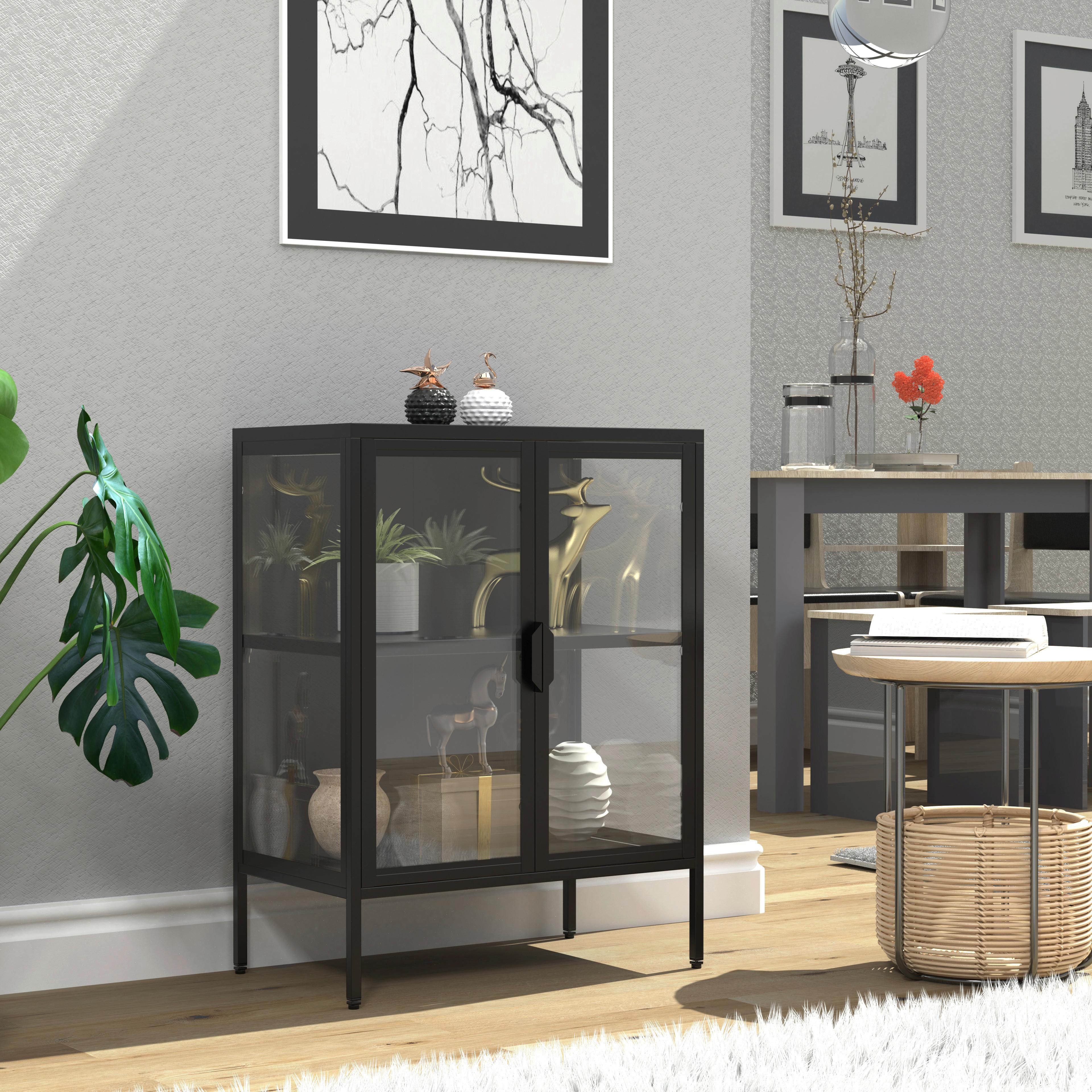 Vitrine Floka Schwarz B: 60 cm - Transparent/Schwarz, Design, Glas/Metall (60/80/35cm) - MID.YOU