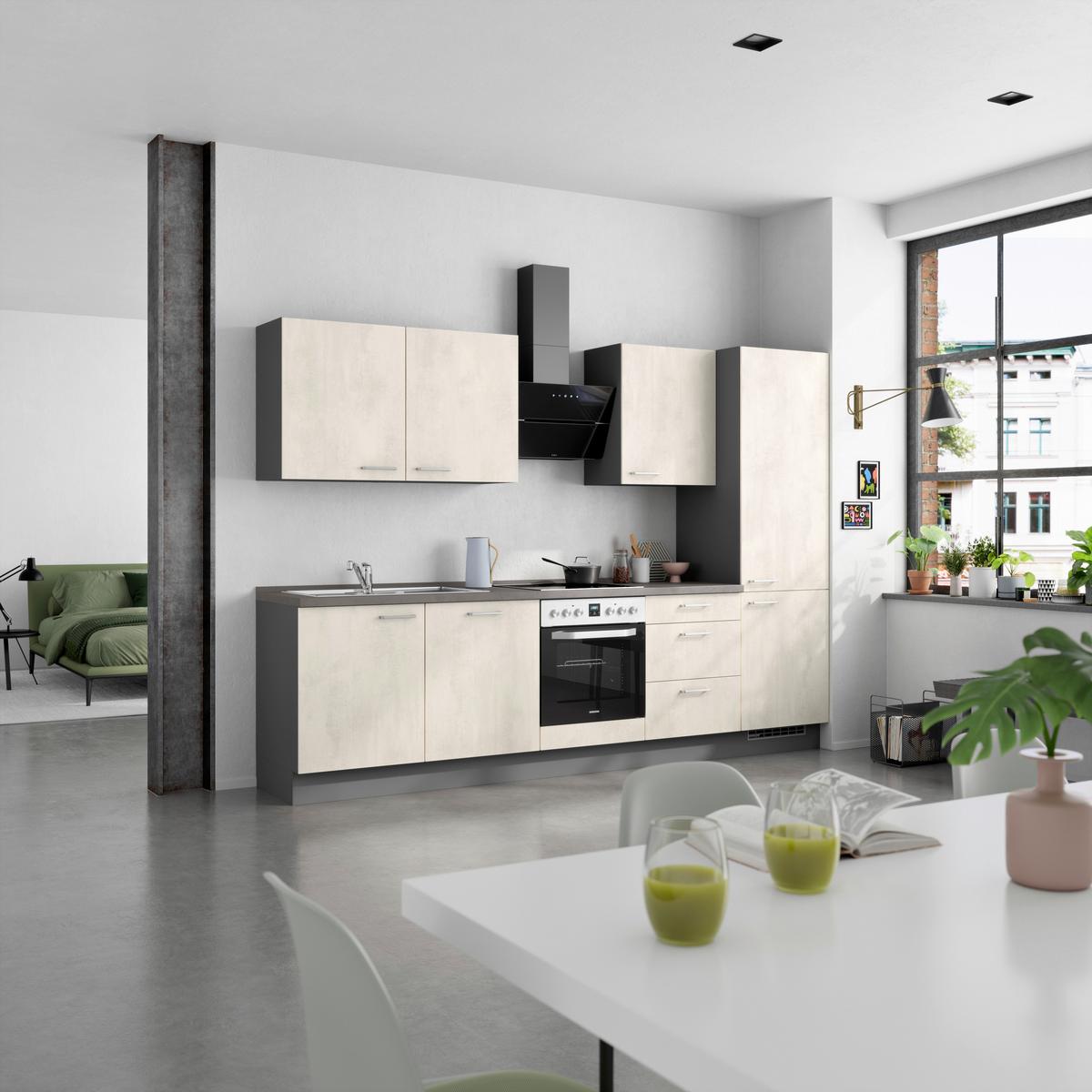 Kuchynská linka 300CM biely betón/ bridlicová šedá - biela/farba ušľachtilej ocele, Modern, kov/kompozitné drevo (300cm) - Nobilia