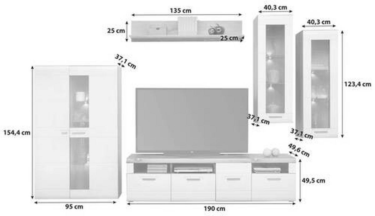 Wohnkombination 5-Tlg. Auris, Weiß/Eiche Dekor - Eichefarben/Weiß, MODERN, Glas/Holzwerkstoff (325,3/204,2/49,6cm) - Luca Bessoni