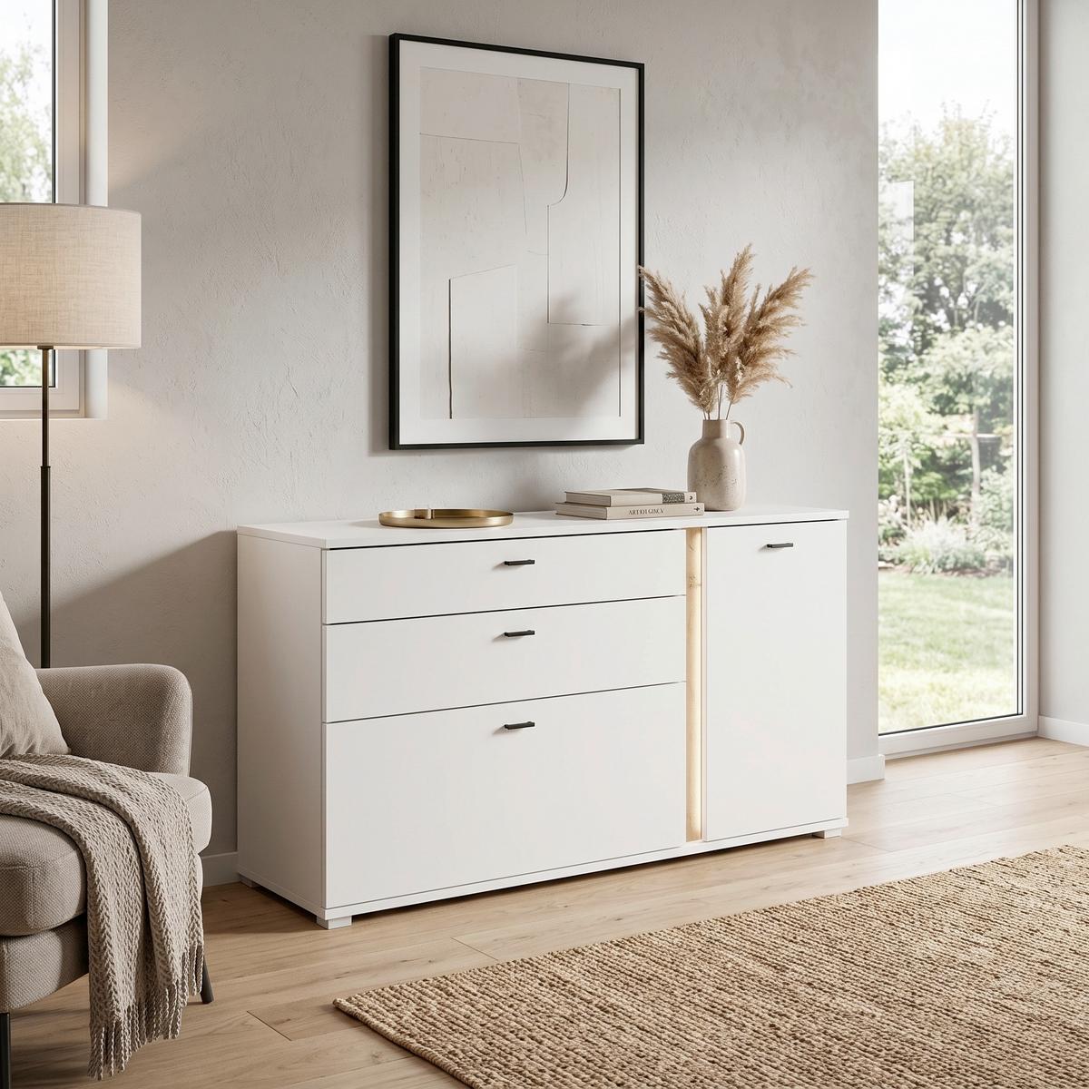 Sideboard Long Island Weiß/Eiche Wotan B: 150 cm - Silberfarben/Eiche Wotan, Design, Holzwerkstoff (150/86/42cm) - MID.YOU