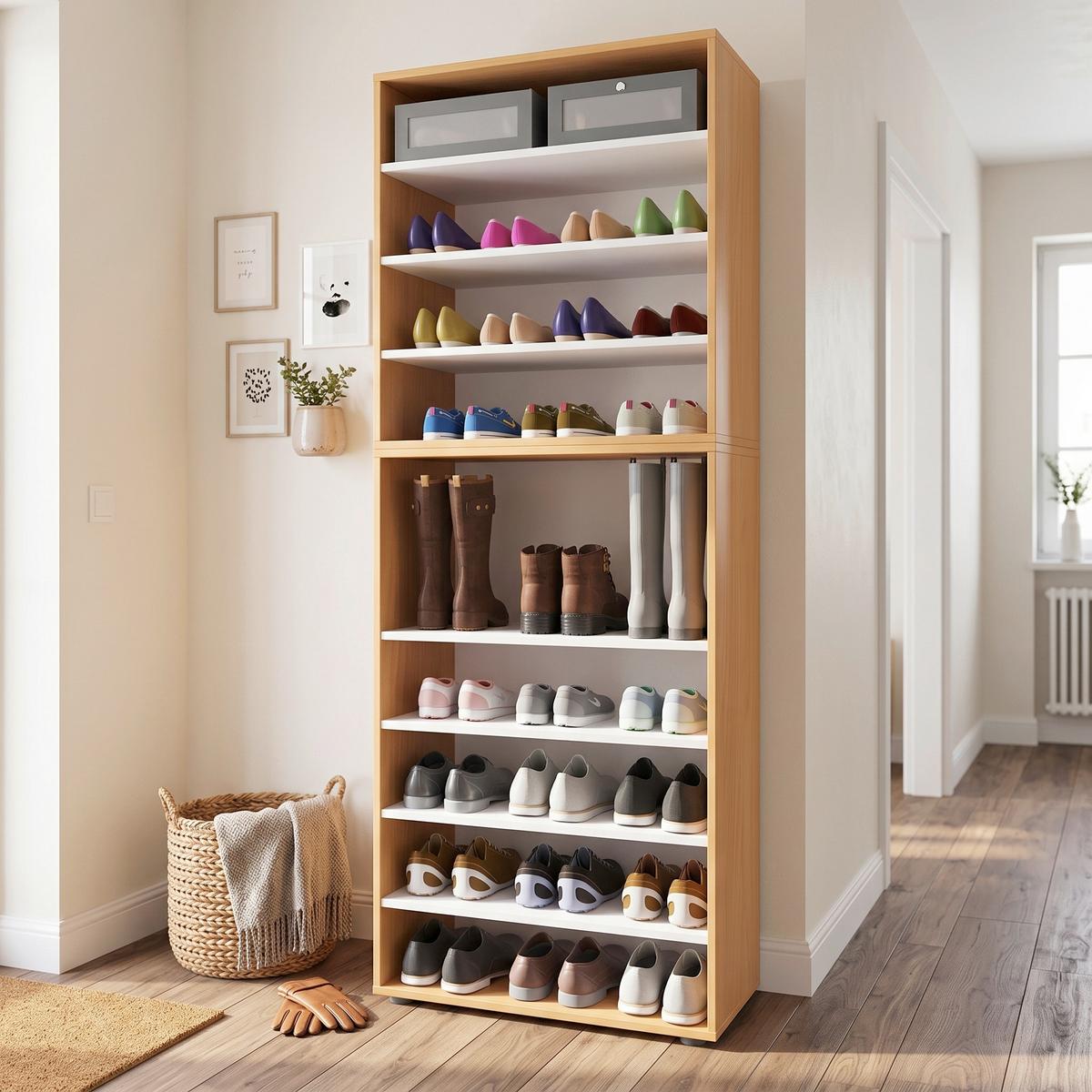 Schuhregal Lona XXL 9 Ablagen Buche Dekor H: 183 cm - Buchefarben/Schwarz, KONVENTIONELL, Holzwerkstoff (70/183/37cm) - MID.YOU