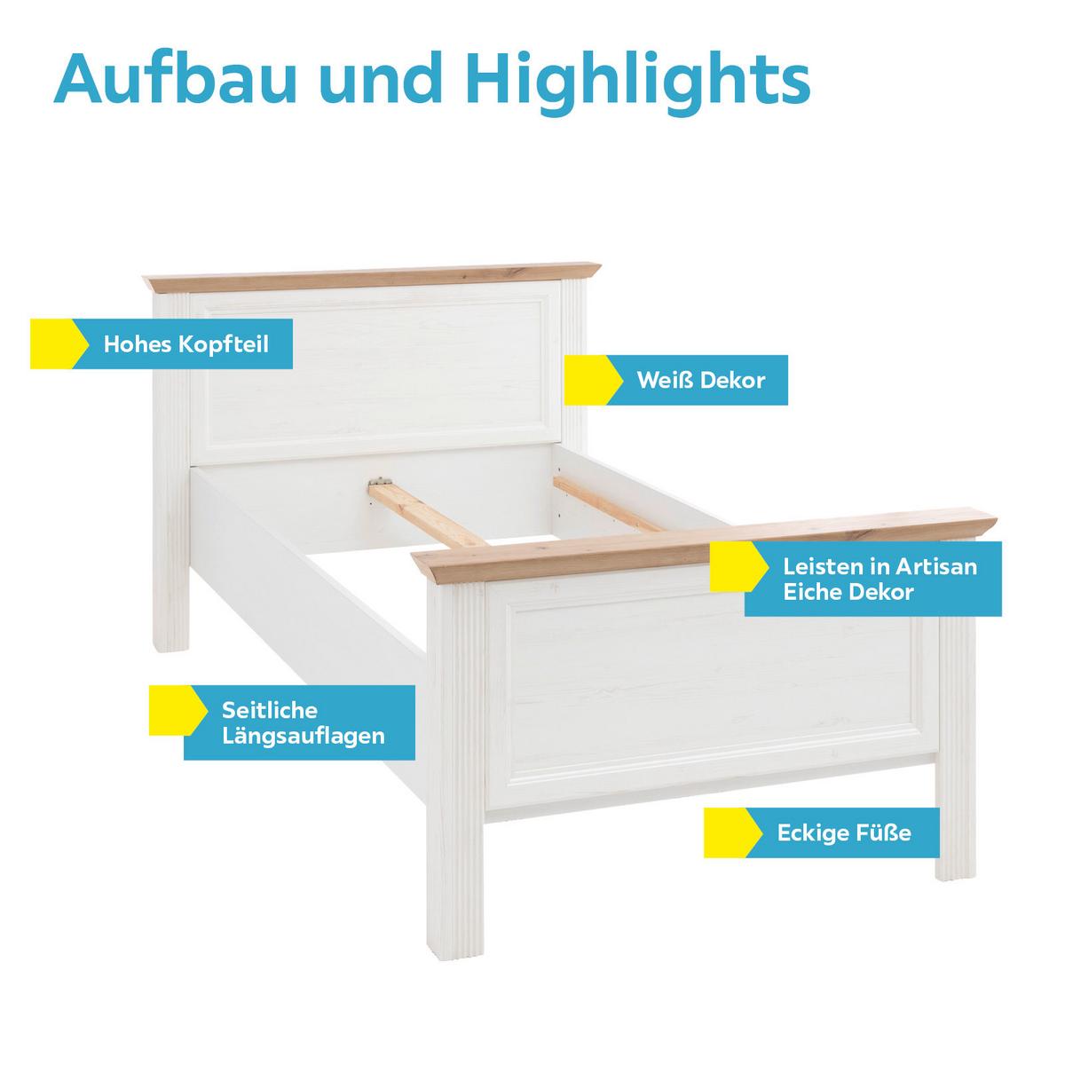 Bett Landhaus-stil 100x200 Jasmin Ii Weiß/eiche Artisan - Schwarz/Weiß, LIFESTYLE, Holzwerkstoff (100/200cm)