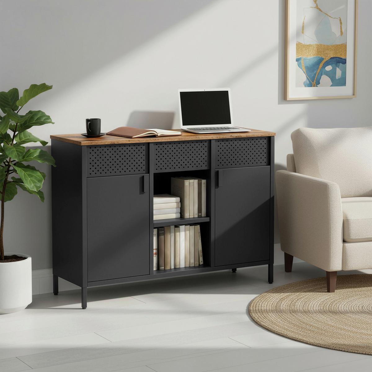 KOMODA ČIERNA - hnedá/čierna, Trend, kov/kompozitné drevo (110/76/40cm) - Boxxx