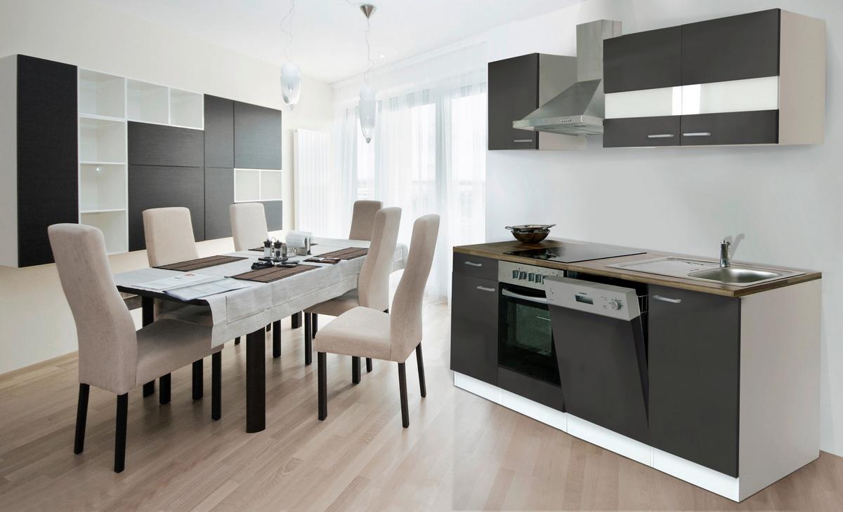 Küchenzeile Economy mit Geräten 220 cm Grau/Nussbaum Dekor - Nussbaumfarben/Weiß, Basics, Holzwerkstoff (220cm) - Respekta