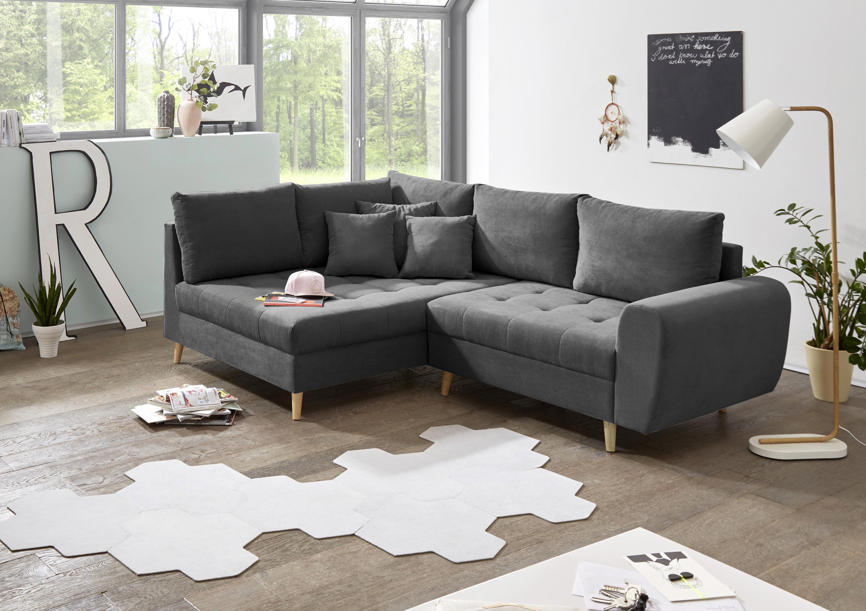 Ecksofa Mit Holzfüßen + Kissen Alice, Webstoff - Anthrazit/Kieferfarben, KONVENTIONELL, Holzwerkstoff/Textil (175/249cm) - MID.YOU
