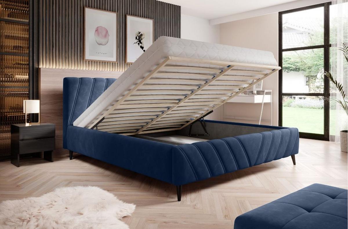 Postel Melli s roštem a úložným prostorem 160x200cm - černá/tmavě modrá, Design, dřevo/textil (160/200cm)