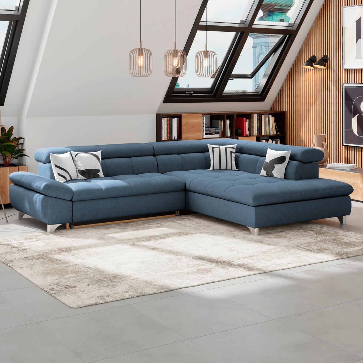 Ecksofa Mit Schlaffunktion Gemini Dunkelblau 312x234 Cm - Chromfarben/Dunkelblau, KONVENTIONELL, Textil (312/234cm)