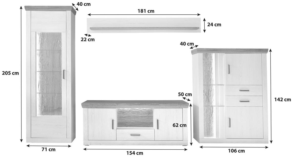 Wohnkombination 4-Tlg. Madrid Eiche-/Pinienfarben - Eichefarben/Schwarz, Design, Glas/Holzwerkstoff (351/205/50cm) - MID.YOU