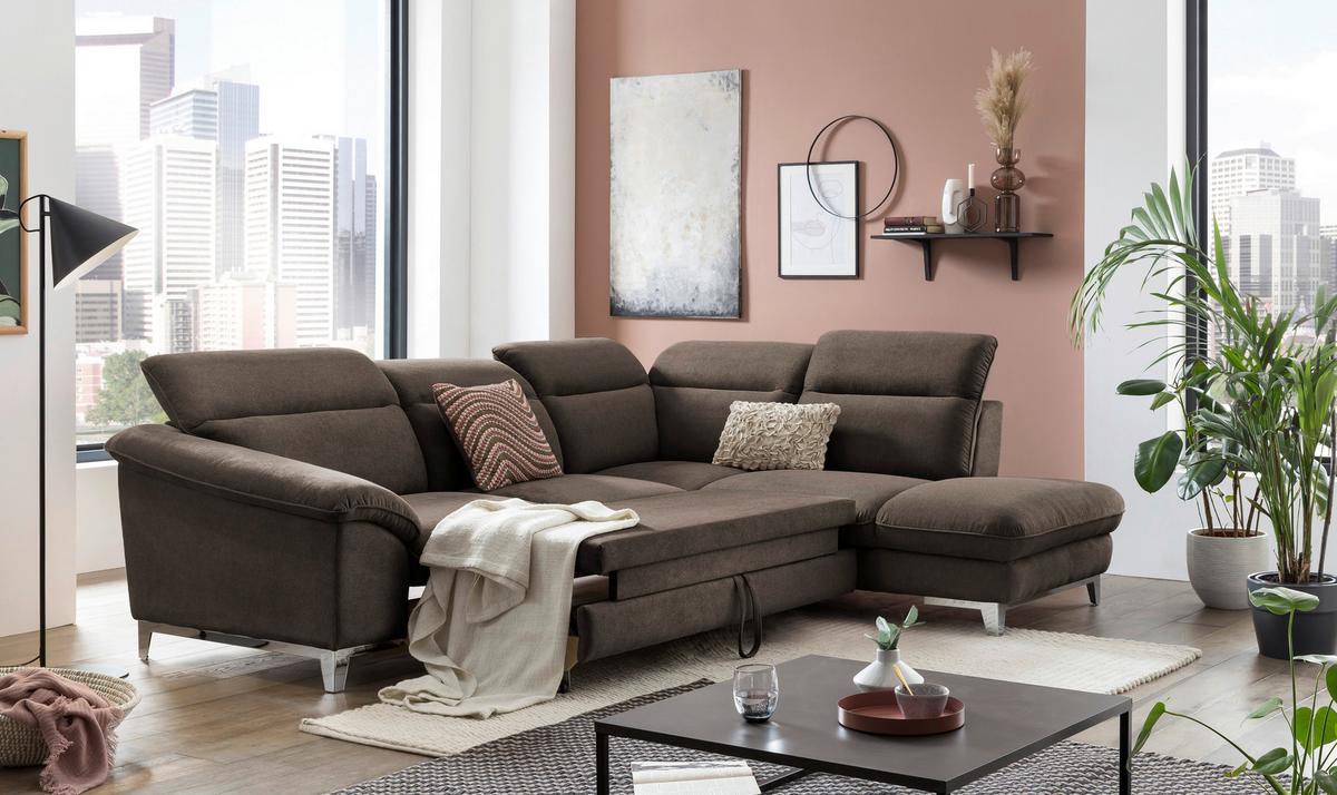Ecksofa mit Schlaffunktion Teresa Dunkelbraun - Chromfarben/Dunkelbraun, Design, Textil (293/232cm) - Livetastic