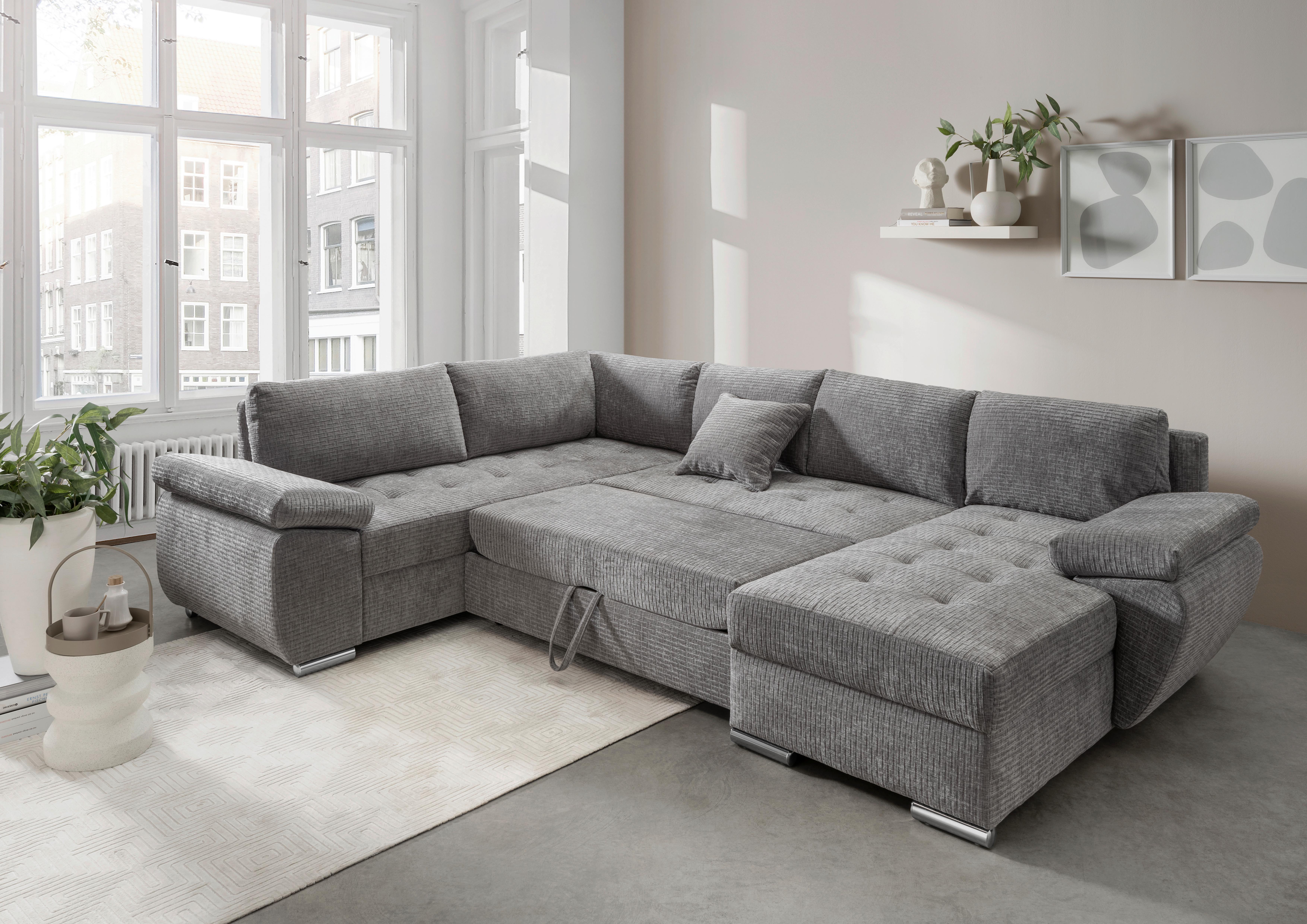 Wohnlandschaft Terana Grau mit Schlaffunktion, Mikrofaser - Chromfarben/Grau, KONVENTIONELL, Textil (219/305/157cm) - Livetastic