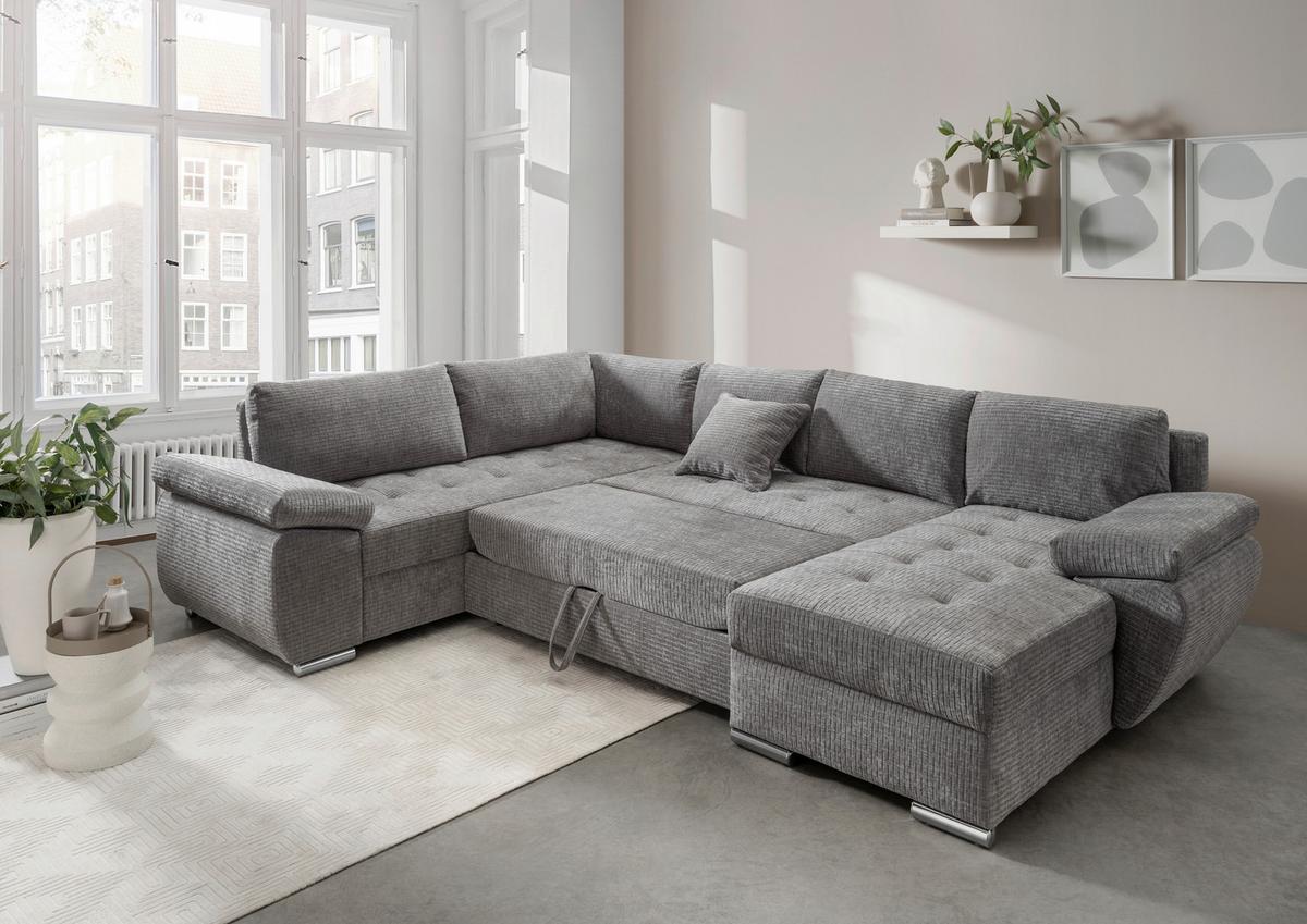 Wohnlandschaft Terana Grau mit Schlaffunktion, Mikrofaser - Chromfarben/Grau, KONVENTIONELL, Textil (219/305/157cm) - Livetastic